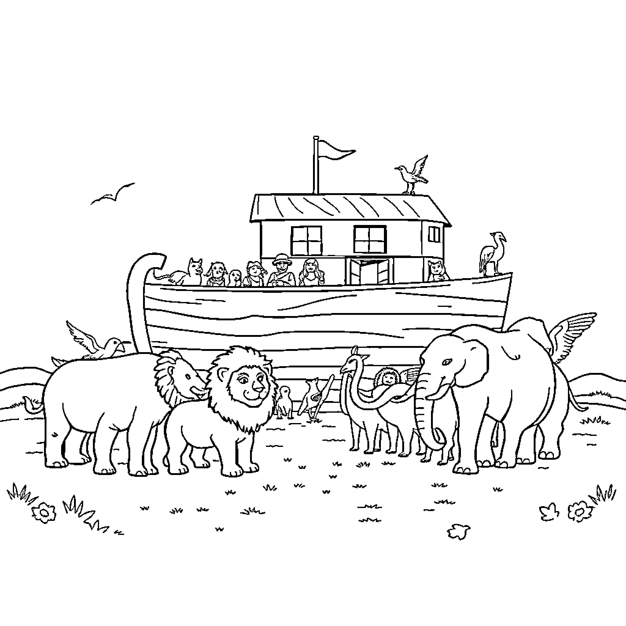 Animal Parade on Boat with Wildlife Coloring Page (free black-and-white line drawing printable PDF for all, from beginners to advanced learners, including children, teens, adults, and seniors)