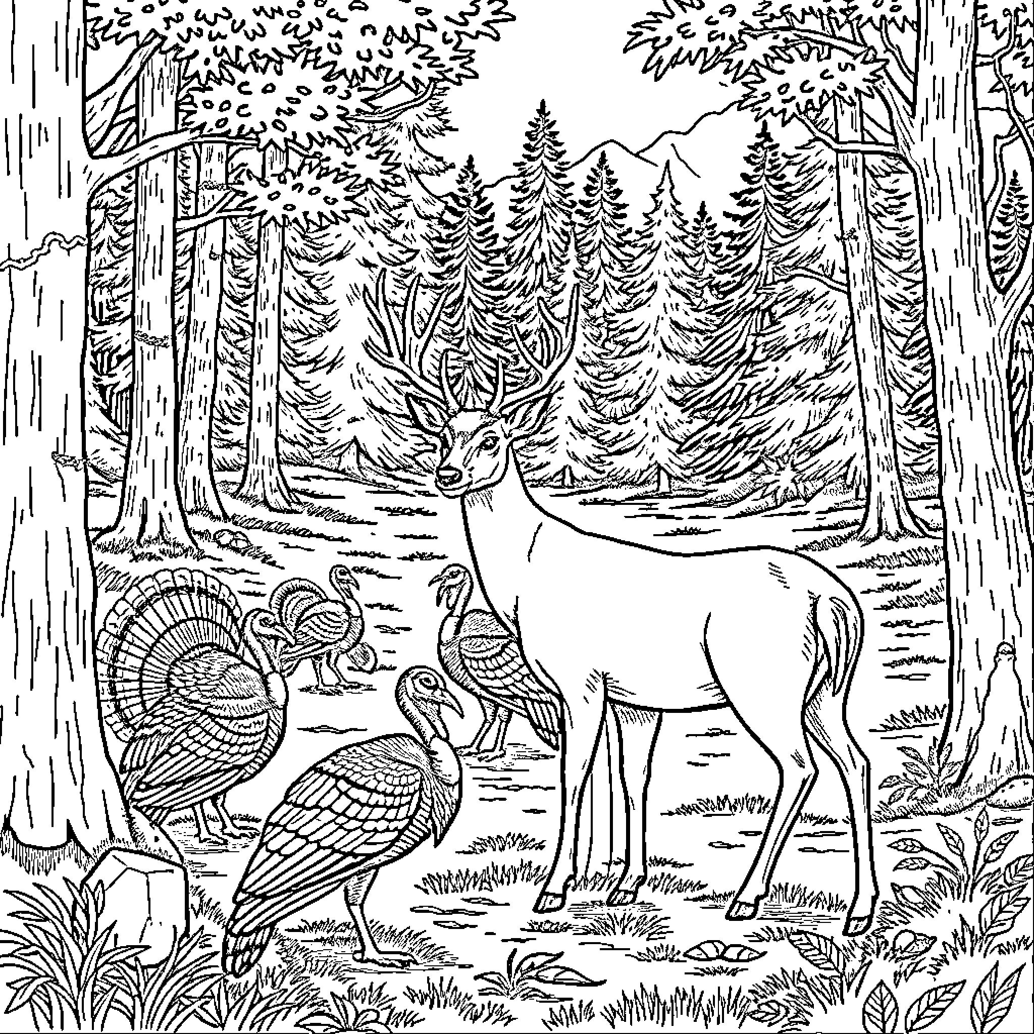 Deer and wild turkeys in the forested landscape Coloring Page (free black-and-white line drawing printable PDF for all, from beginners to advanced learners, including children, teens, adults, and seniors)