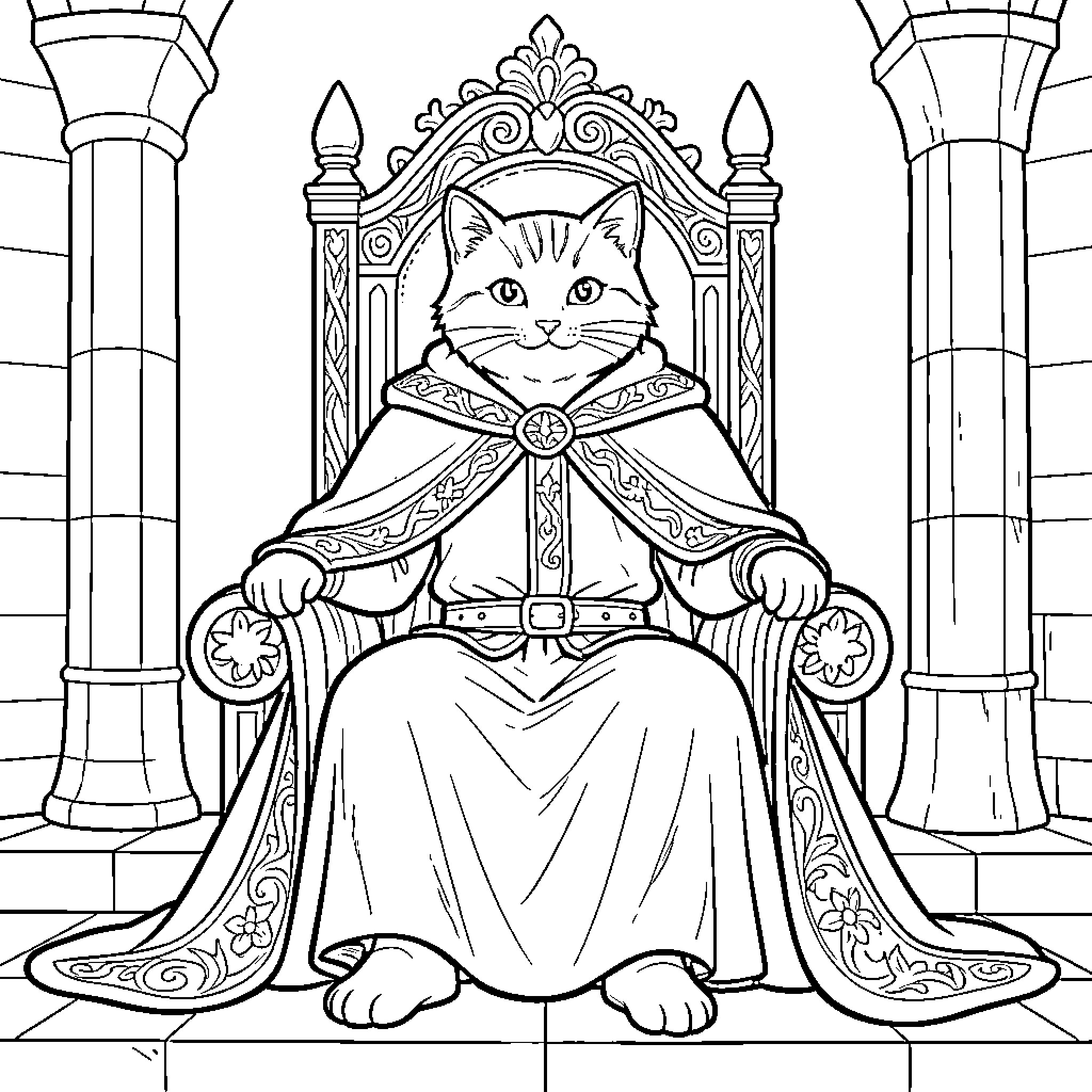 Chat Roi sitting regally on an ornate throne Coloring Page (free black-and-white line drawing printable PDF for all, from beginners to advanced learners, including children, teens, adults, and seniors)