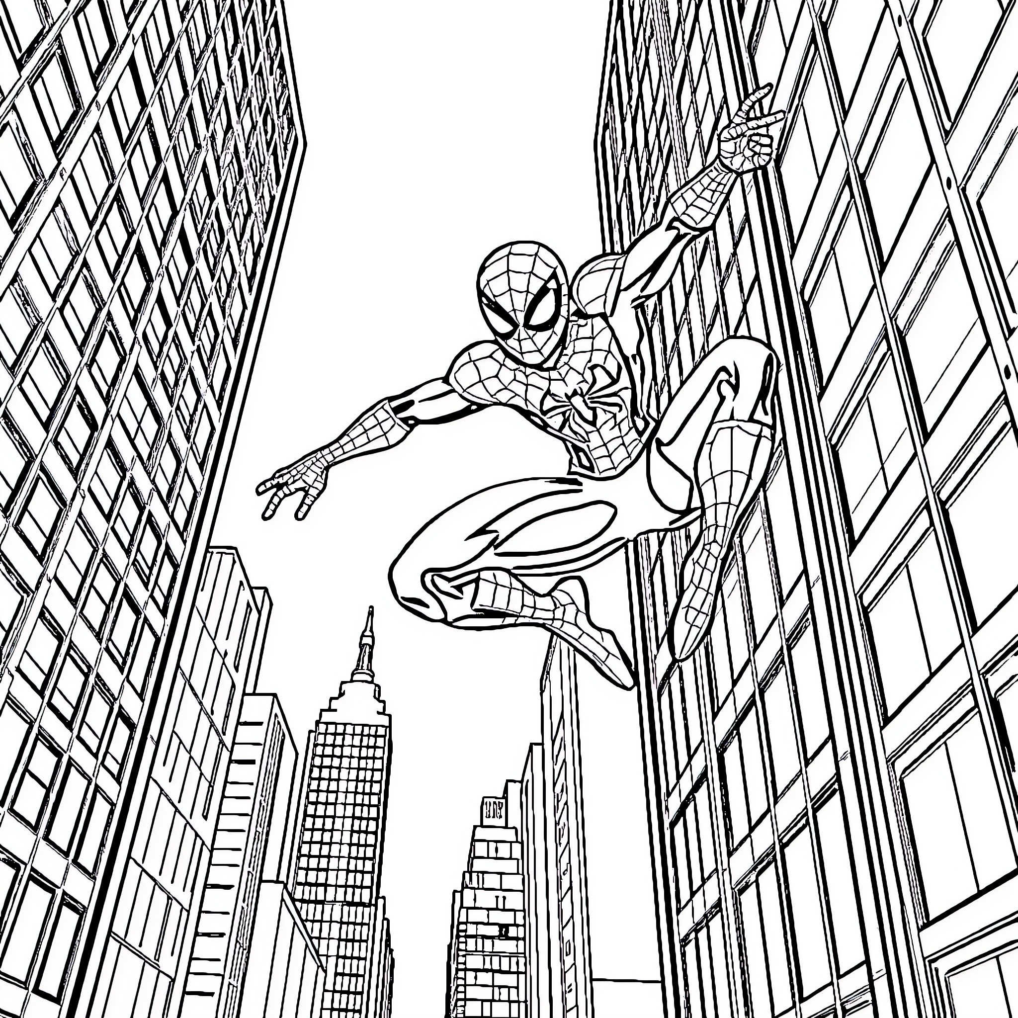 Spider-Man swinging through the city skyline Coloring Page (free black-and-white line drawing printable PDF for all, from beginners to advanced learners, including children, teens, adults, and seniors)