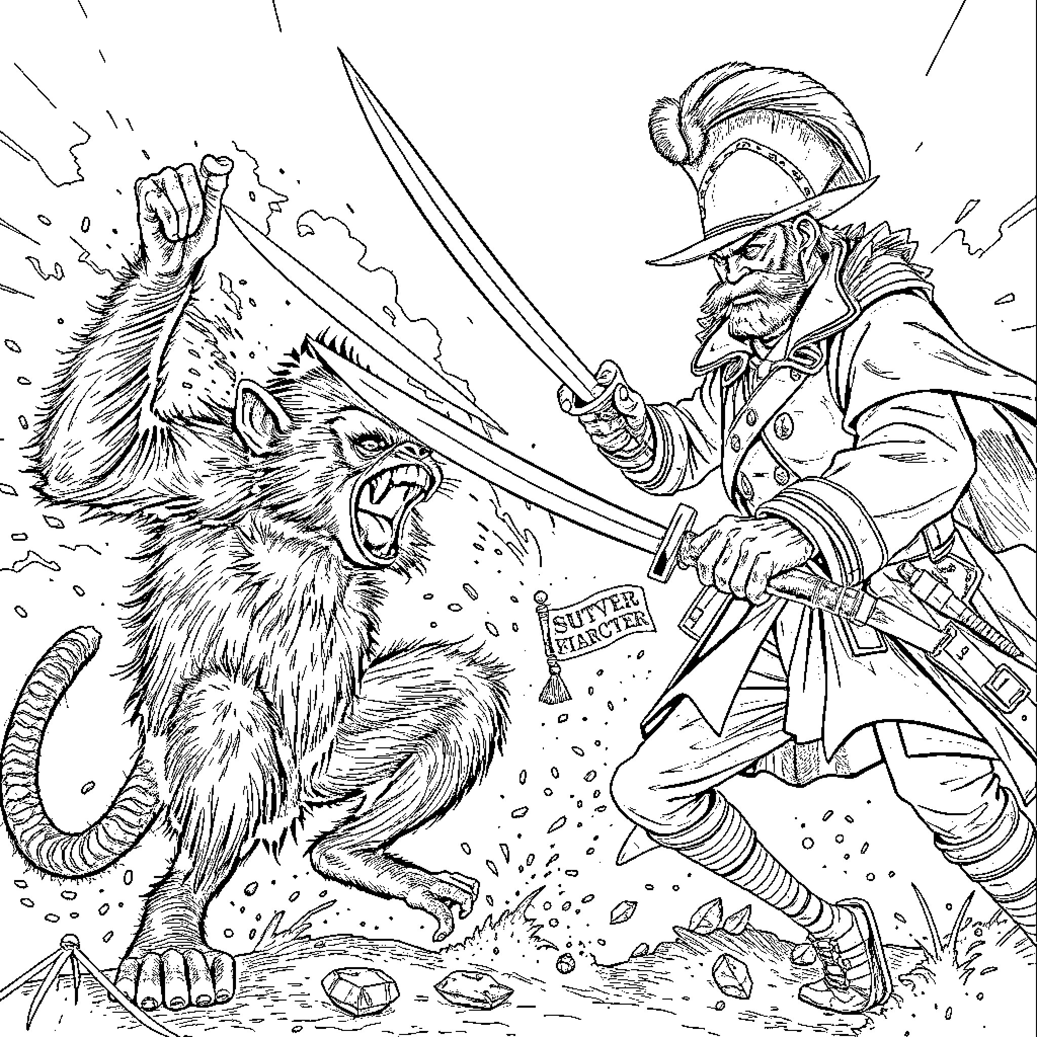 Monkey warrior battles ferocious creature Coloring Page (free black-and-white line drawing printable PDF for all, from beginners to advanced learners, including children, teens, adults, and seniors)