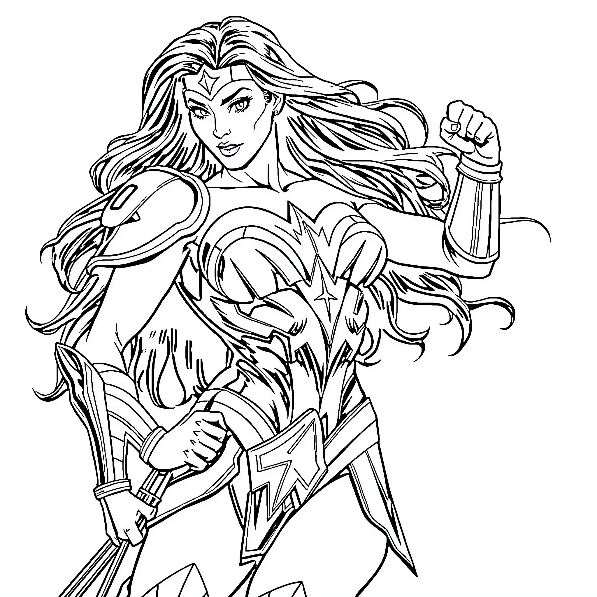 Wonder Woman in heroic action pose Coloring Page (free black-and-white line drawing printable PDF for all, from beginners to advanced learners, including children, teens, adults, and seniors)