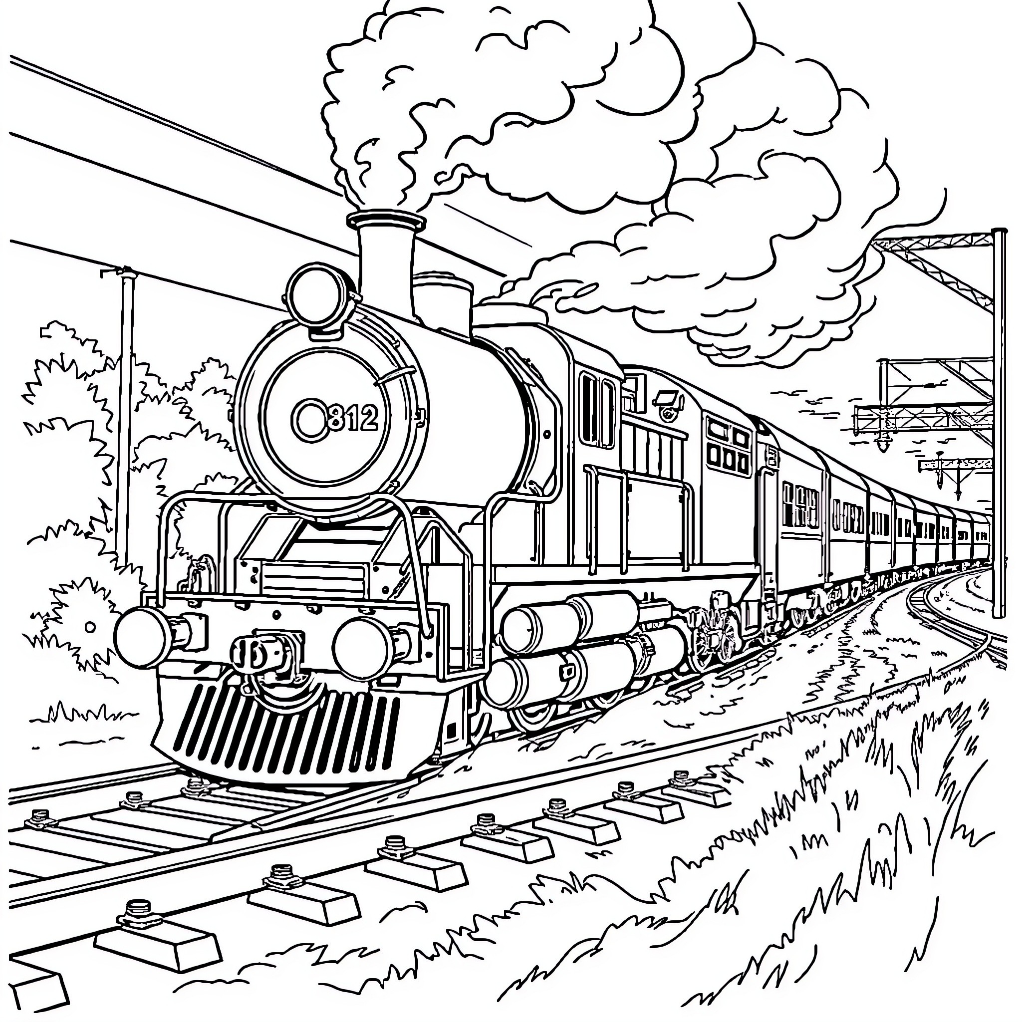 Train carrying passengers through scenic landscape Coloring Page (free black-and-white line drawing printable PDF for all, from beginners to advanced learners, including children, teens, adults, and seniors)