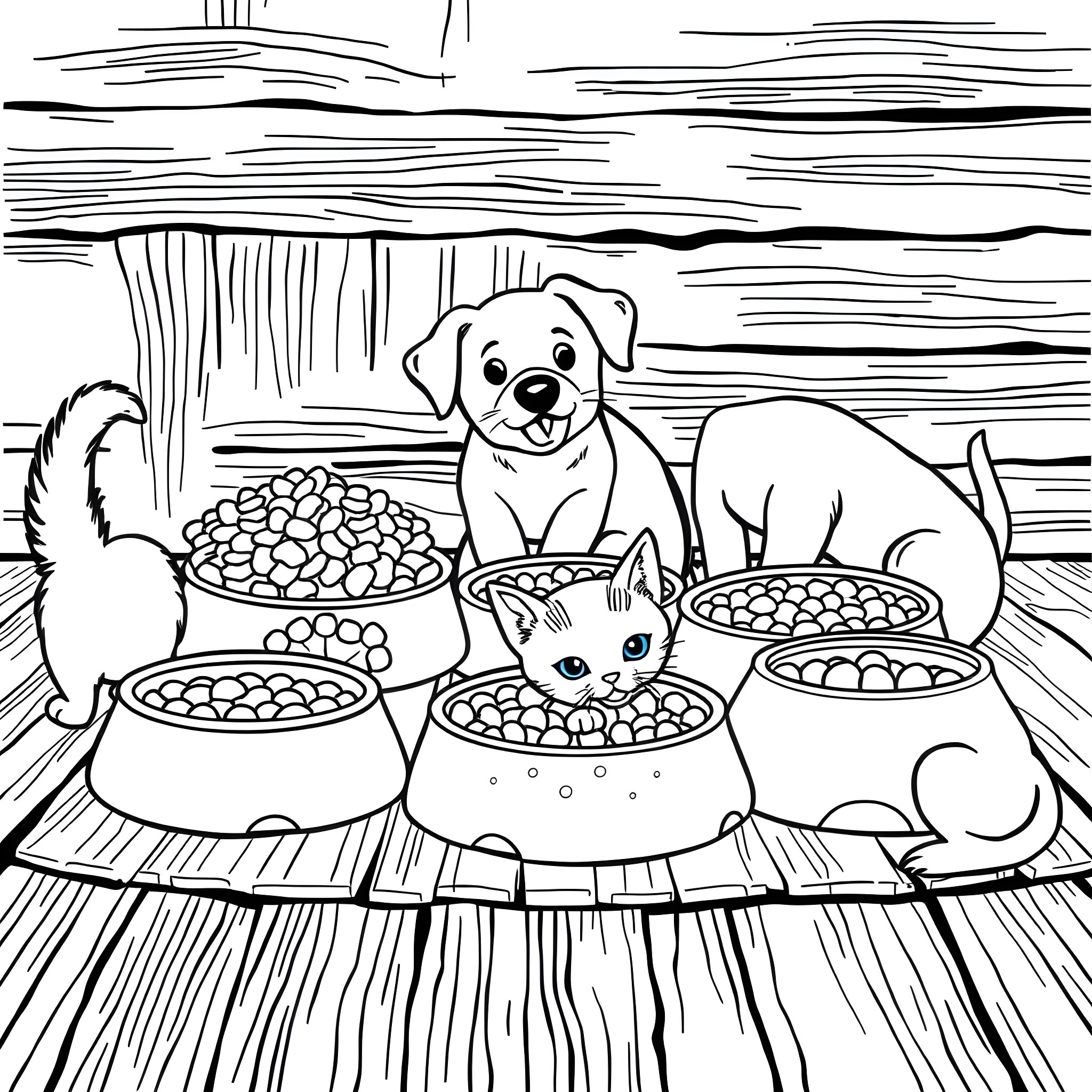 Food Bowl for Pets in Home Coloring Page (free black-and-white line drawing printable PDF for all, from beginners to advanced learners, including children, teens, adults, and seniors)