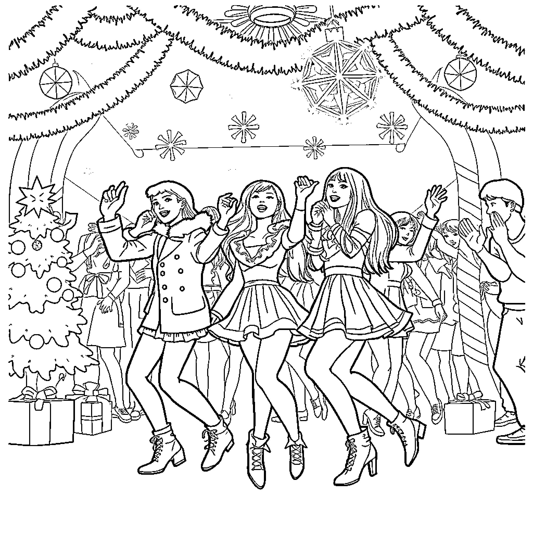 K Pop Stars Celebrating Festive Occasion Coloring Page (free black-and-white line drawing printable PDF for all, from beginners to advanced learners, including children, teens, adults, and seniors)