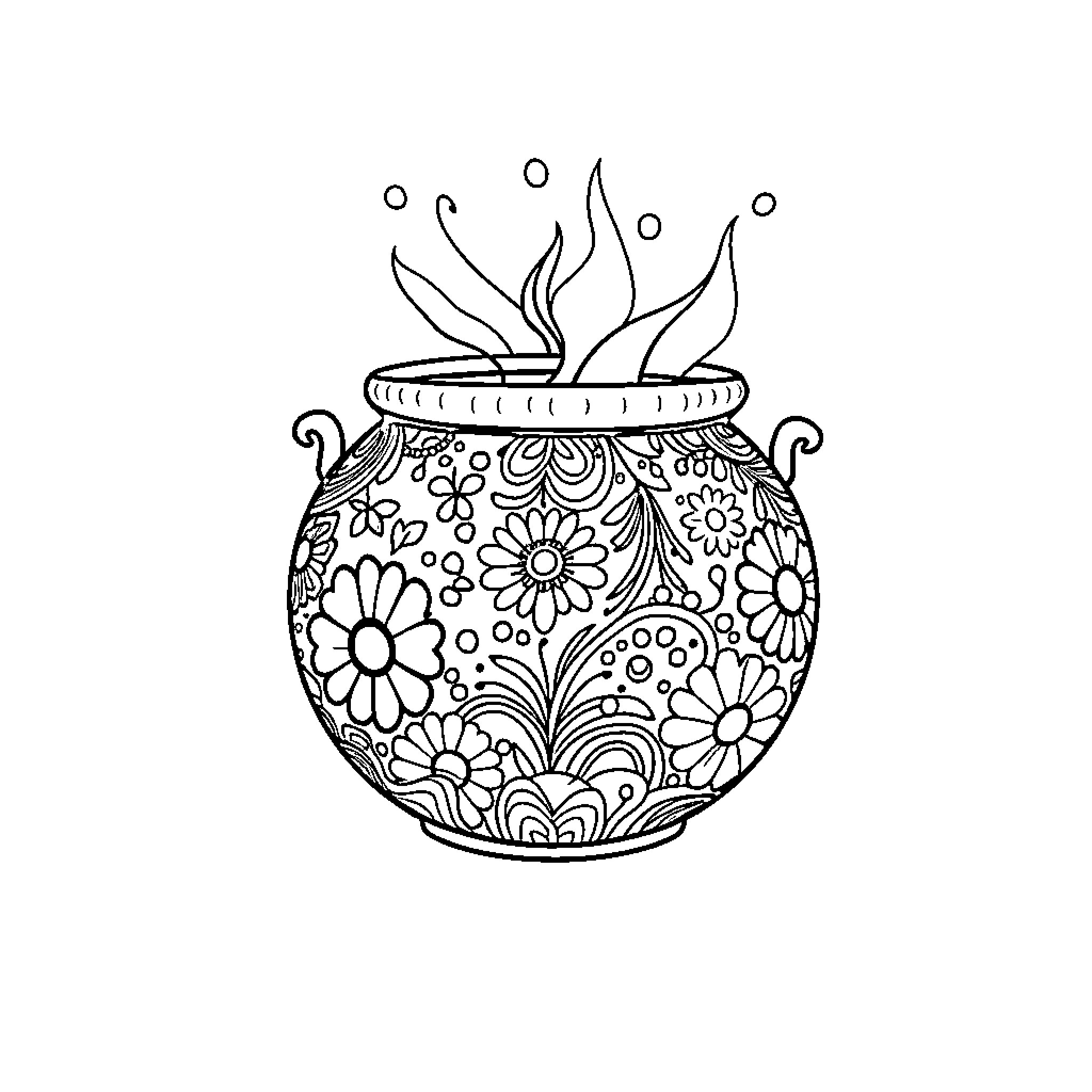 Pot with Floral Decorative Design Coloring Page (free black-and-white line drawing printable PDF for all, from beginners to advanced learners, including children, teens, adults, and seniors)