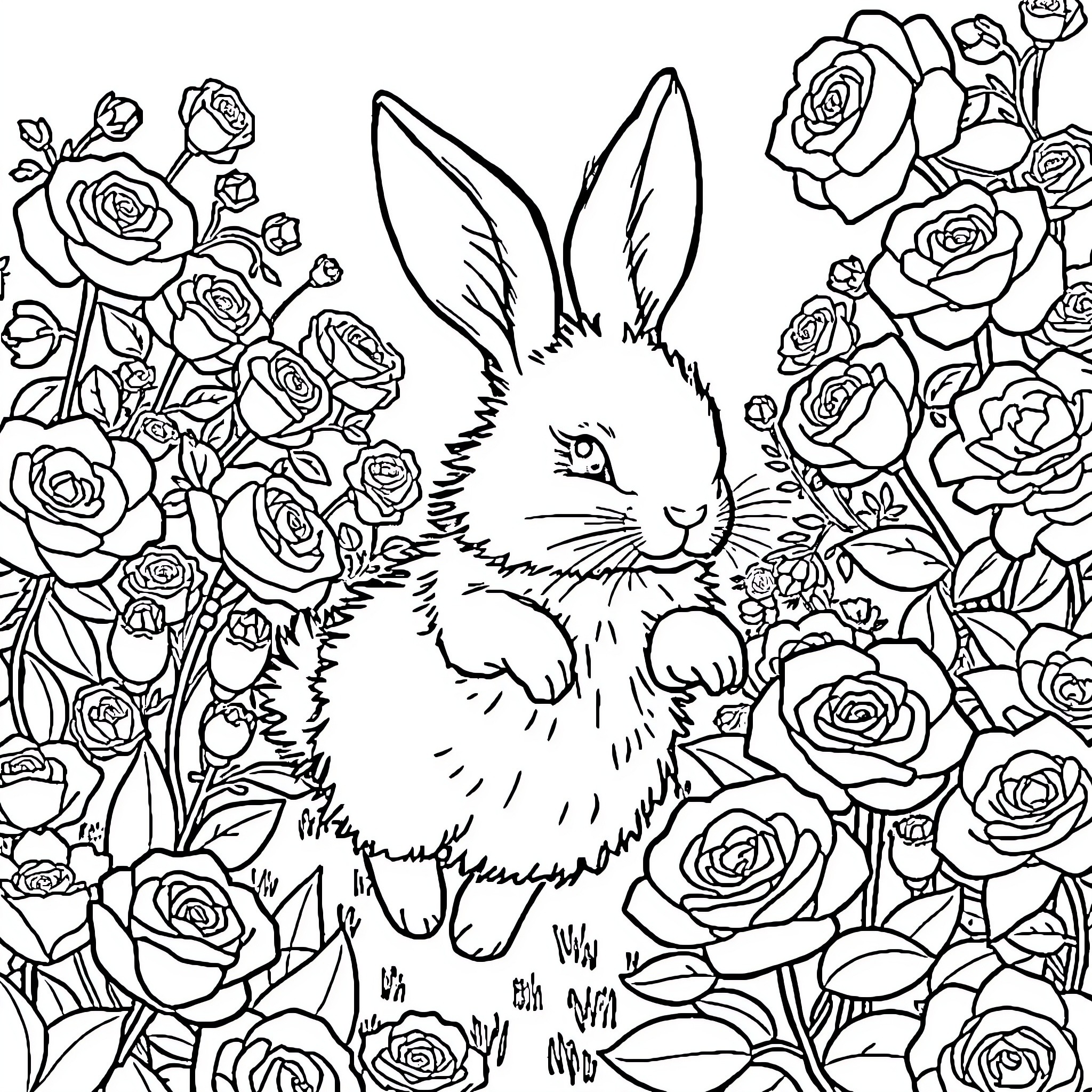 Rabbit Surrounded by Blooming Roses Coloring Page (free black-and-white line drawing printable PDF for all, from beginners to advanced learners, including children, teens, adults, and seniors)
