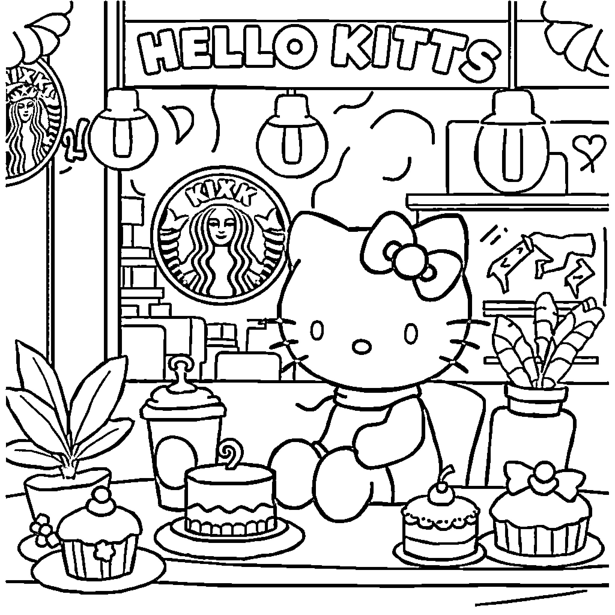 Hello Kitty enjoying sweets in a cafe Coloring Page (free black-and-white line drawing printable PDF for all, from beginners to advanced learners, including children, teens, adults, and seniors)