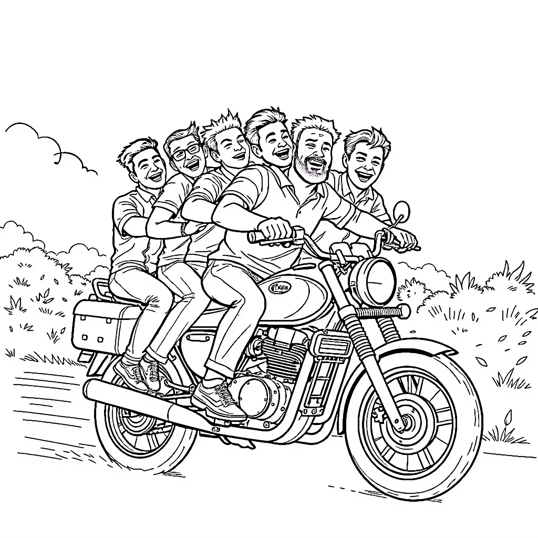 Guy and friends riding motorcycle together Coloring Page (free black-and-white line drawing printable PDF for all, from beginners to advanced learners, including children, teens, adults, and seniors)
