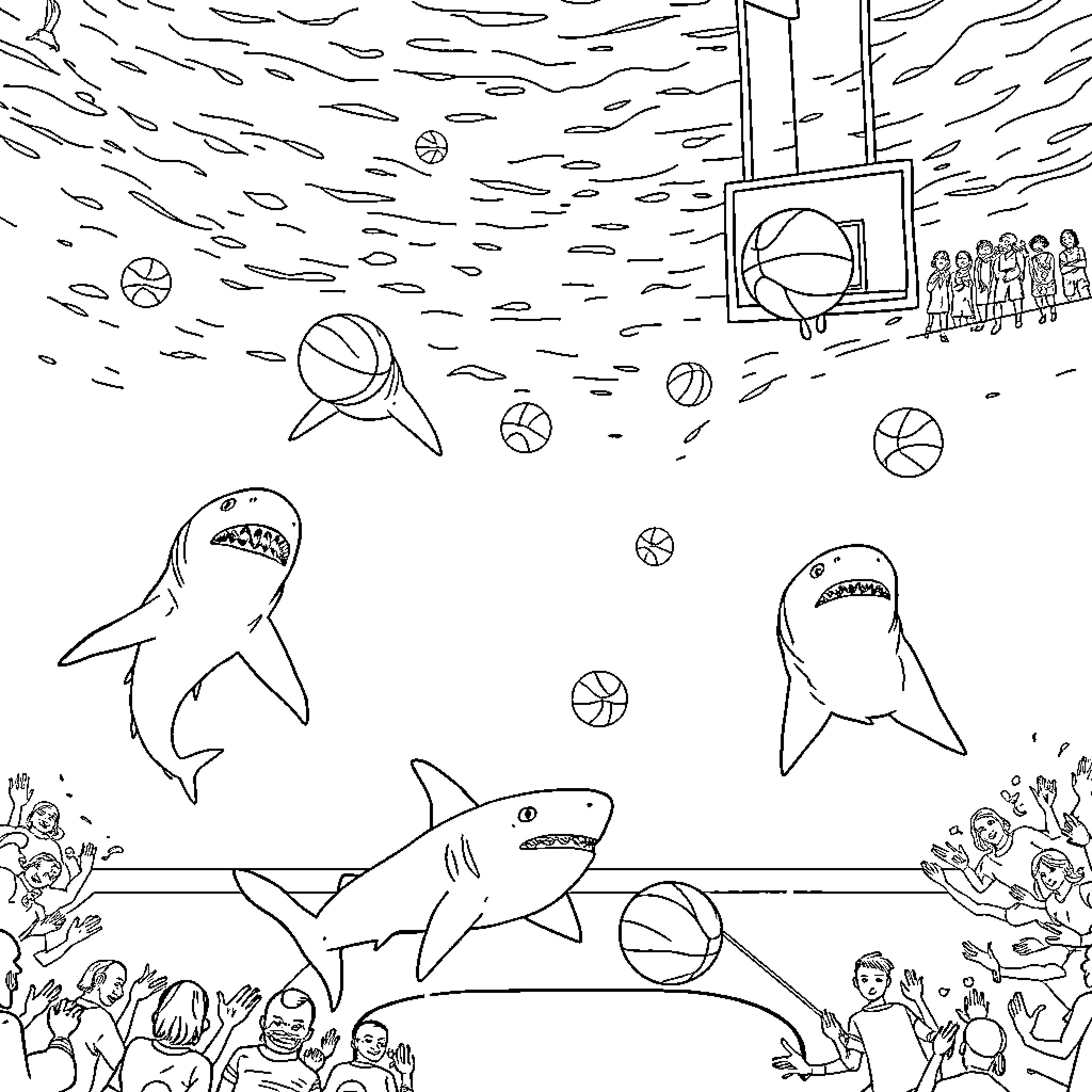 Shark playing basketball with fans in the court Coloring Page (free black-and-white line drawing printable PDF for all, from beginners to advanced learners, including children, teens, adults, and seniors)