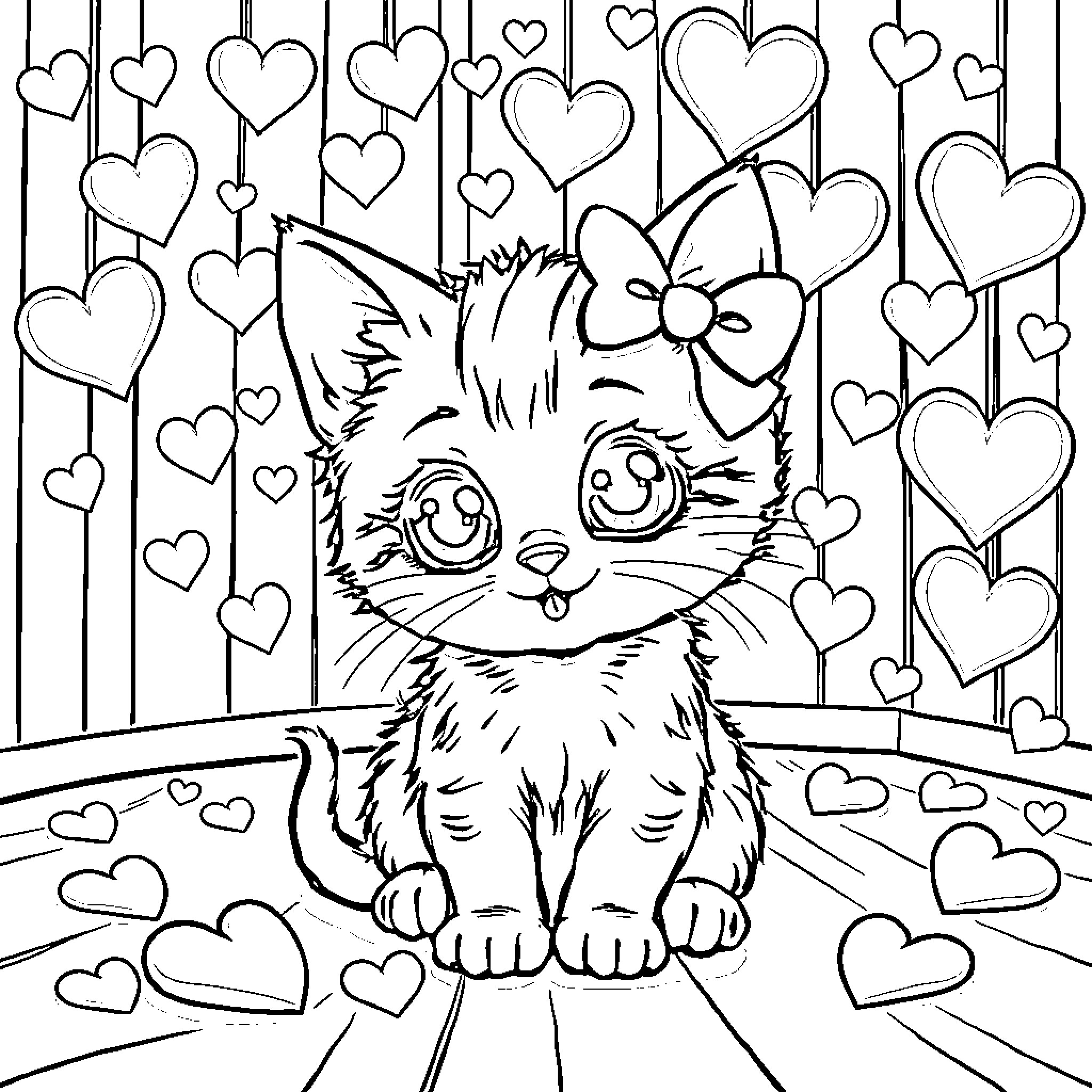 Kitten surrounded by hearts Coloring Page (free black-and-white line drawing printable PDF for all, from beginners to advanced learners, including children, teens, adults, and seniors)
