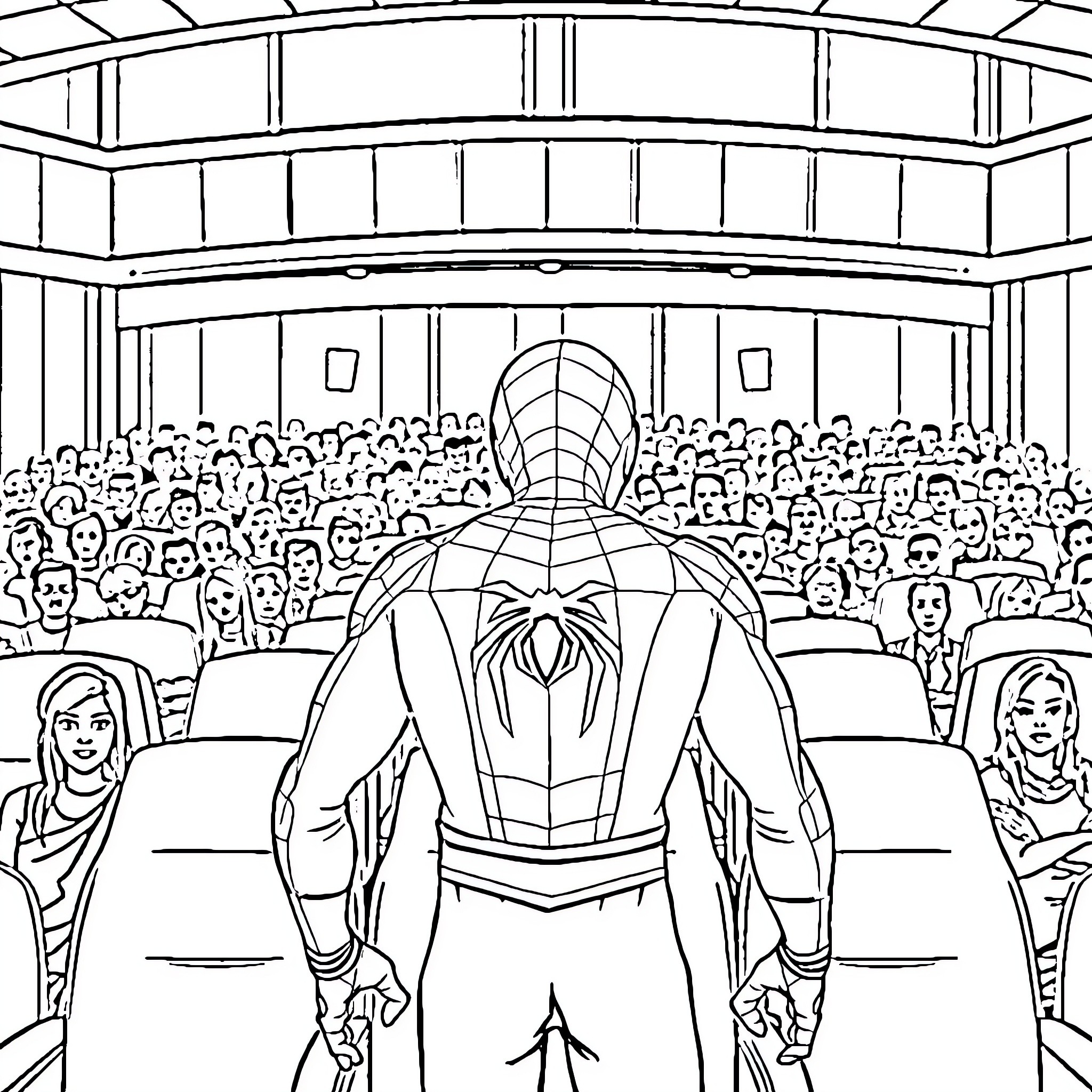 Spiderman Greets the Crowd at a Packed Stadium Coloring Page (free black-and-white line drawing printable PDF for all, from beginners to advanced learners, including children, teens, adults, and seniors)