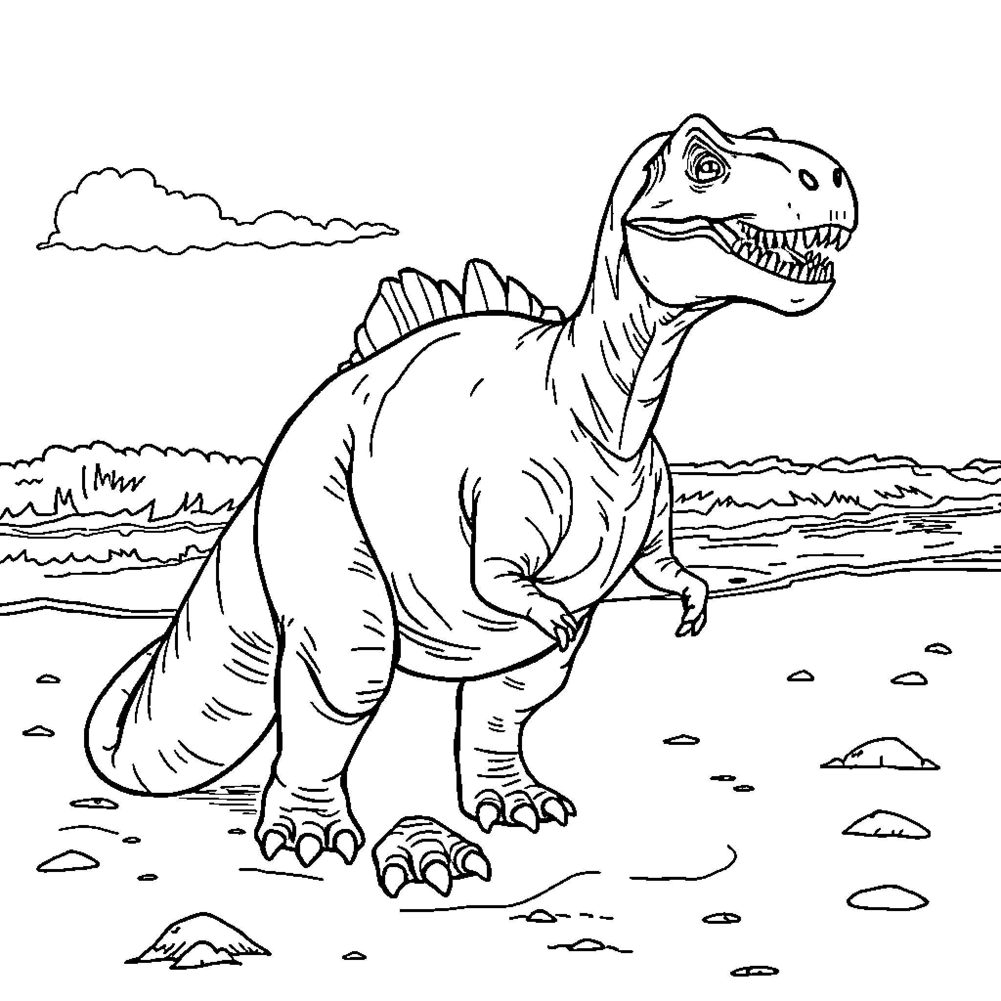 Dinosaur roaming the prehistoric landscape Coloring Page (free black-and-white line drawing printable PDF for all, from beginners to advanced learners, including children, teens, adults, and seniors)