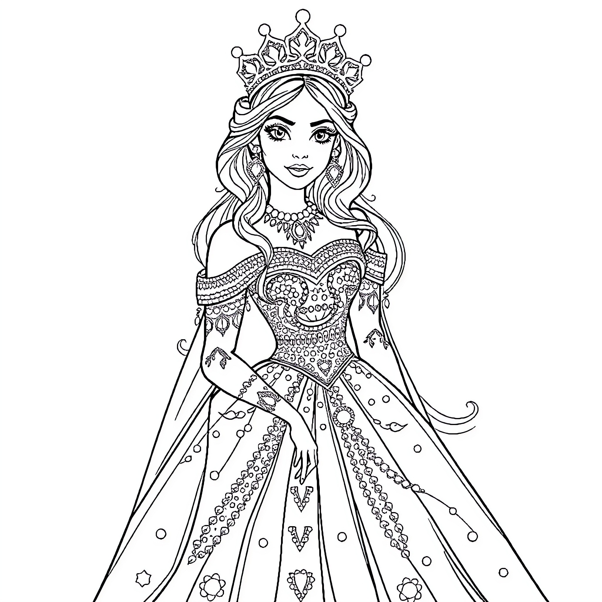 Princess in Ornate Gown and Crown Coloring Page (free black-and-white line drawing printable PDF for all, from beginners to advanced learners, including children, teens, adults, and seniors)