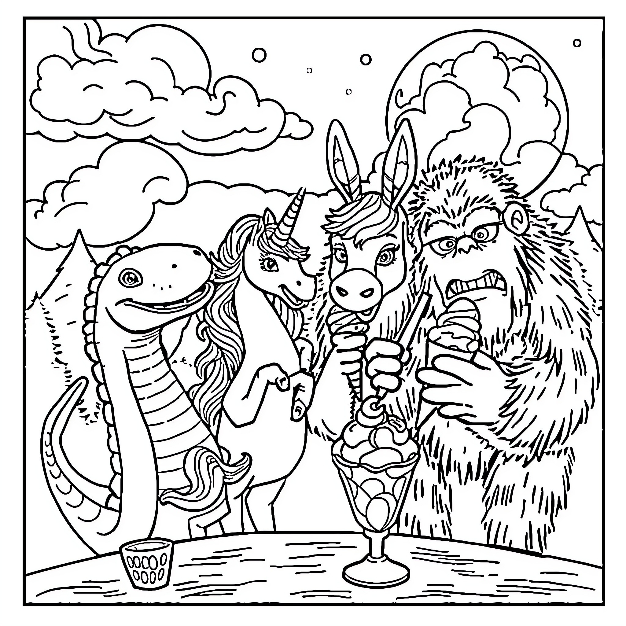 Mythical Creatures Enjoying a Snack Together Coloring Page (free black-and-white line drawing printable PDF for all, from beginners to advanced learners, including children, teens, adults, and seniors)