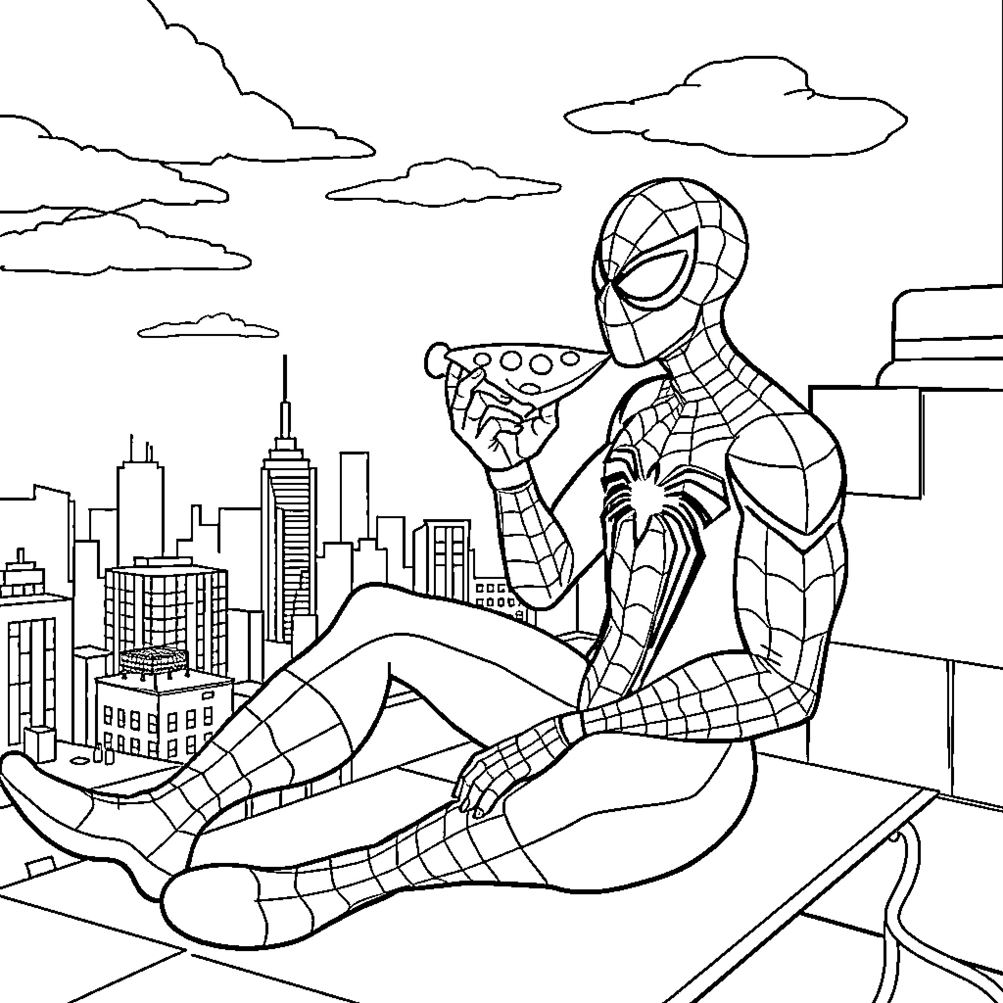 Spiderman relaxing on a building in the city Coloring Page (free black-and-white line drawing printable PDF for all, from beginners to advanced learners, including children, teens, adults, and seniors)