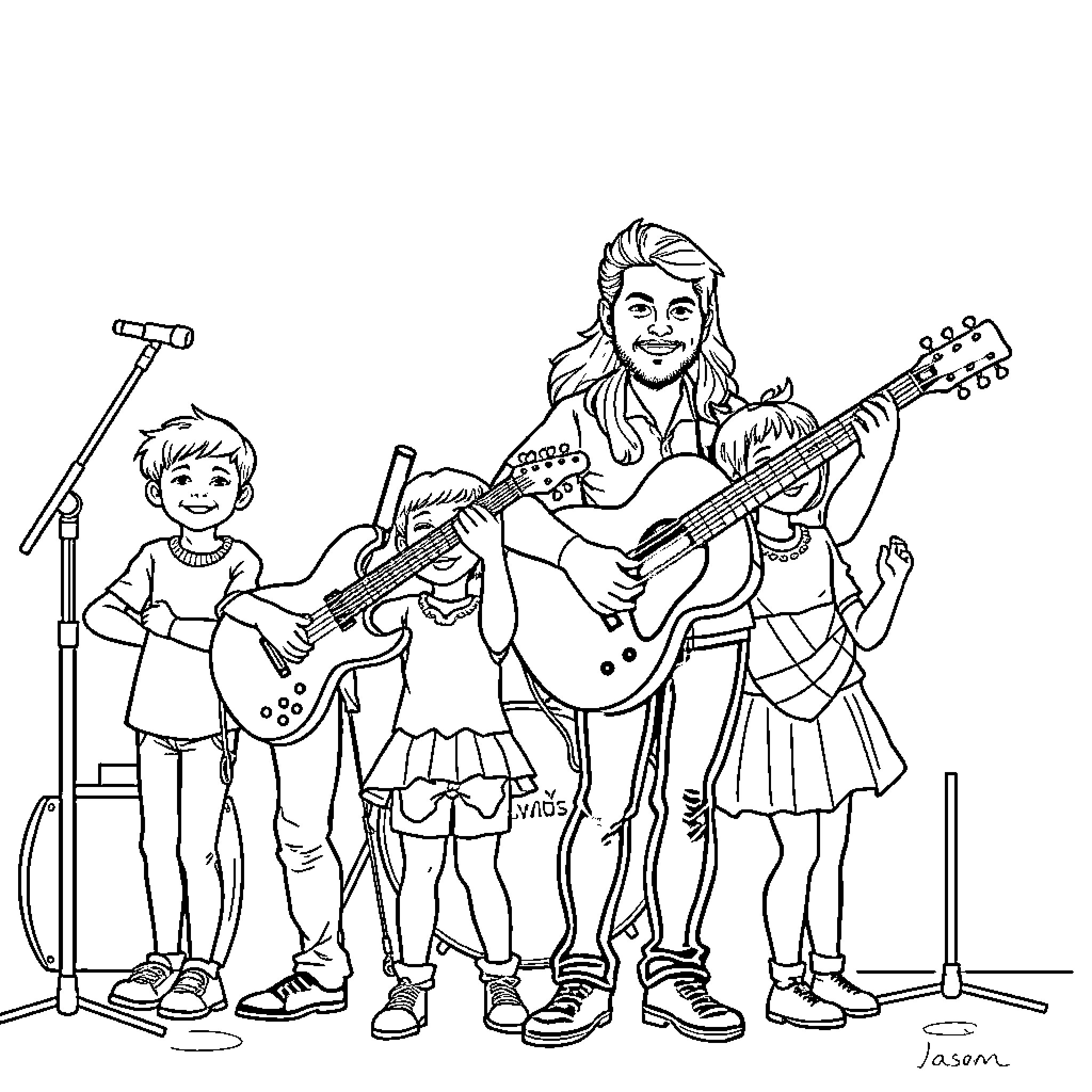 Band performing joyfully on stage Coloring Page (free black-and-white line drawing printable PDF for all, from beginners to advanced learners, including children, teens, adults, and seniors)
