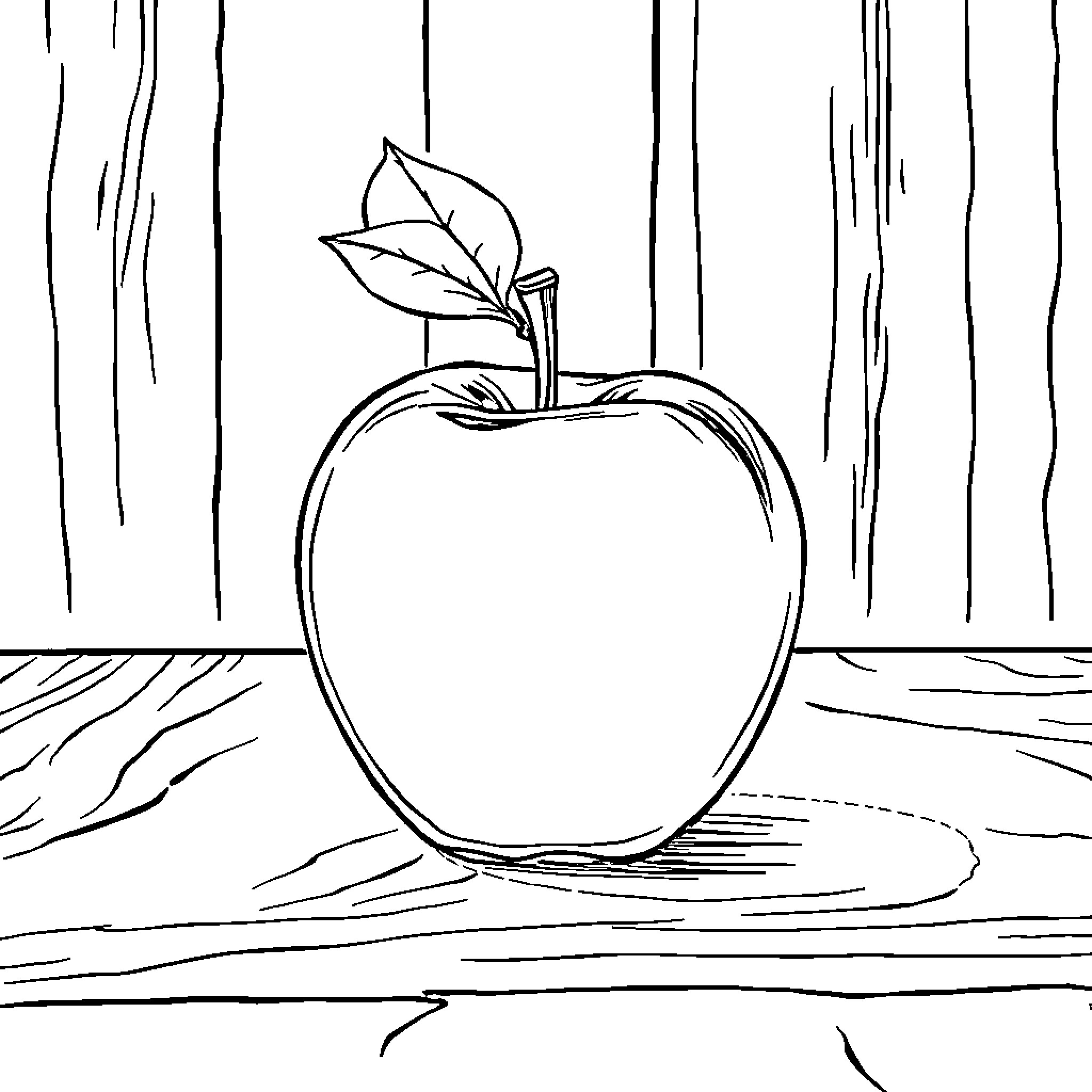 Apple with leaf resting on wooden surface Coloring Page (free black-and-white line drawing printable PDF for all, from beginners to advanced learners, including children, teens, adults, and seniors)