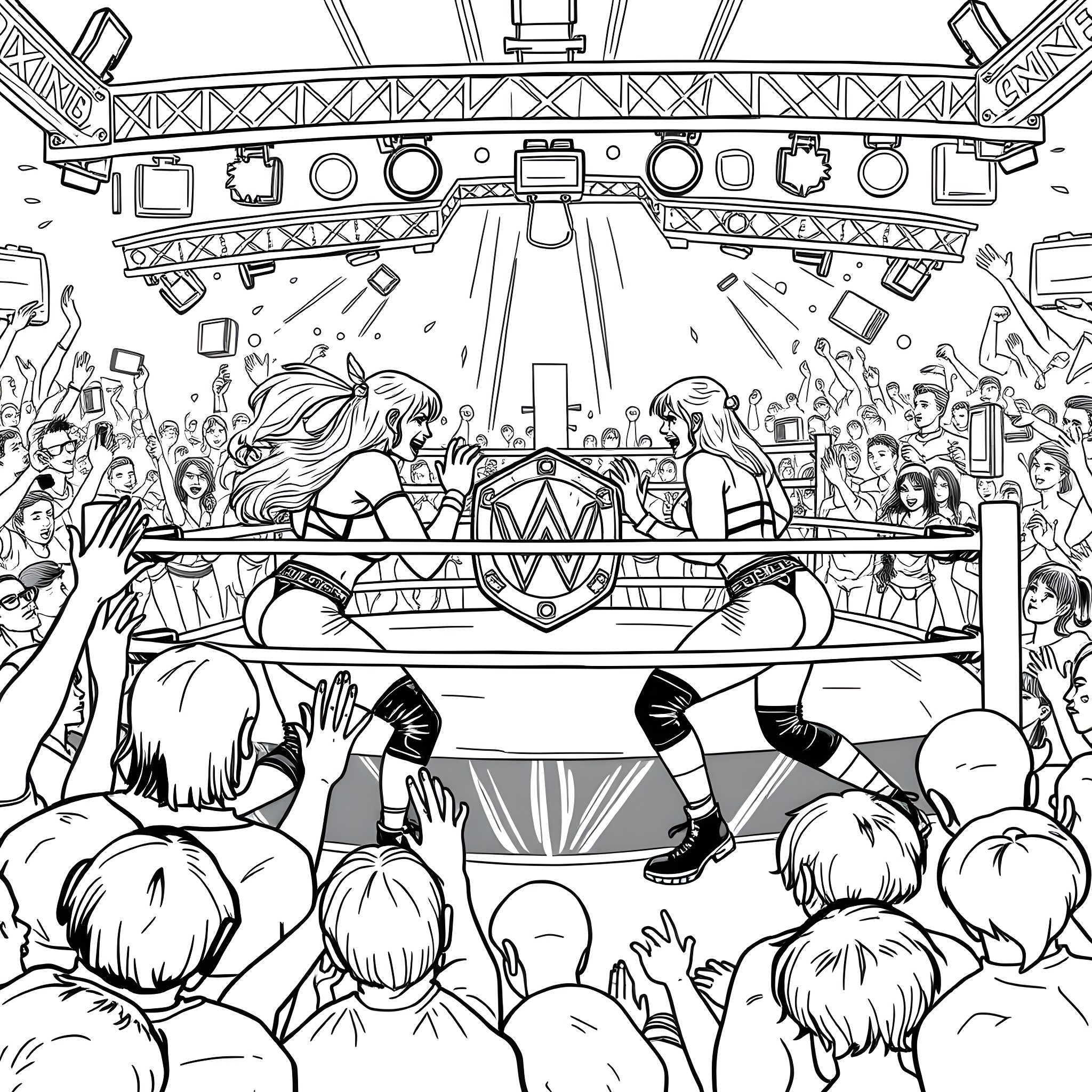 WWE Divas in an intense match with crowd cheering Coloring Page (free black-and-white line drawing printable PDF for all, from beginners to advanced learners, including children, teens, adults, and seniors)
