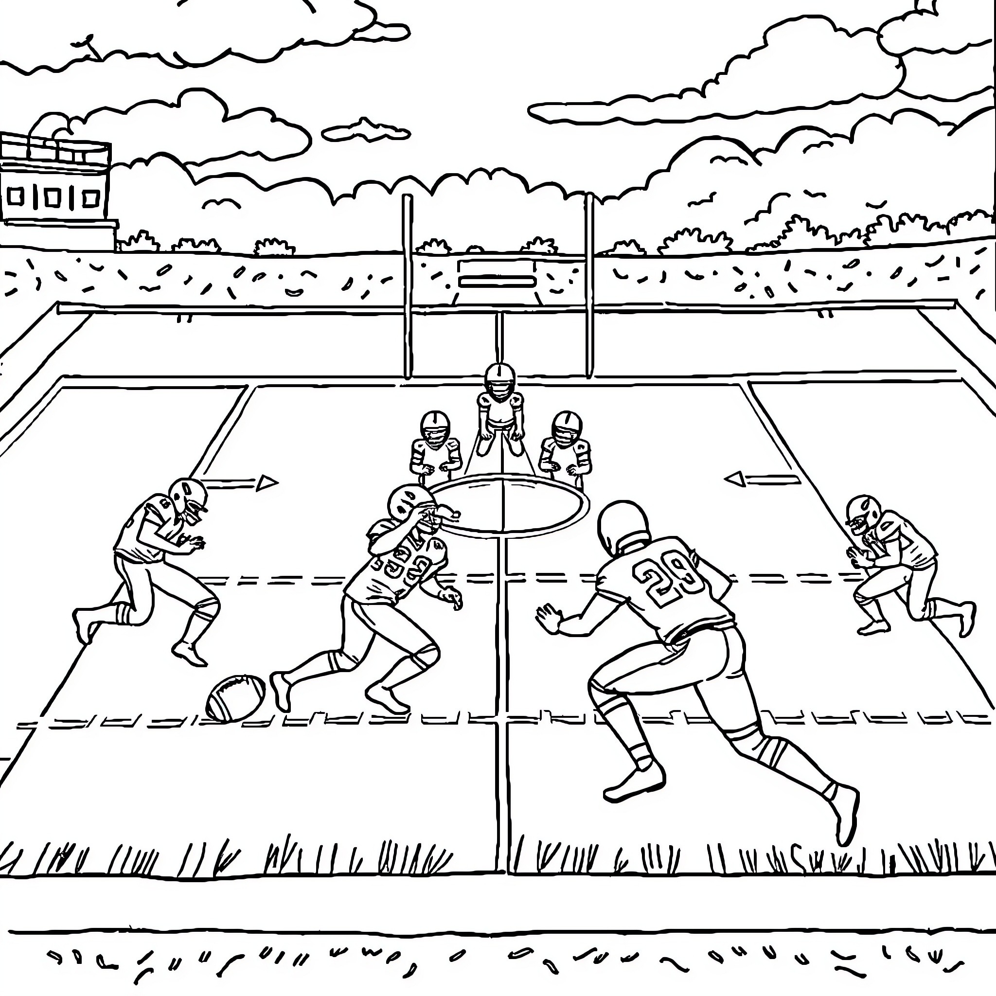 Football game action on the field Coloring Page (free black-and-white line drawing printable PDF for all, from beginners to advanced learners, including children, teens, adults, and seniors)