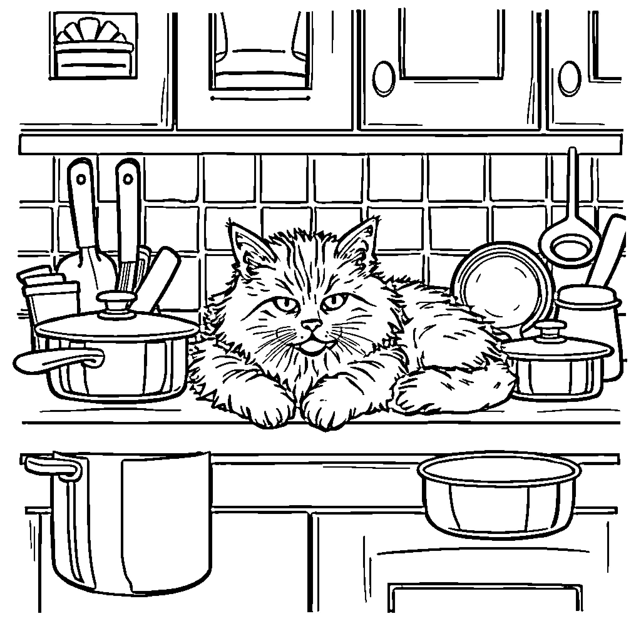 Cat resting in a cozy kitchen Coloring Page (free black-and-white line drawing printable PDF for all, from beginners to advanced learners, including children, teens, adults, and seniors)