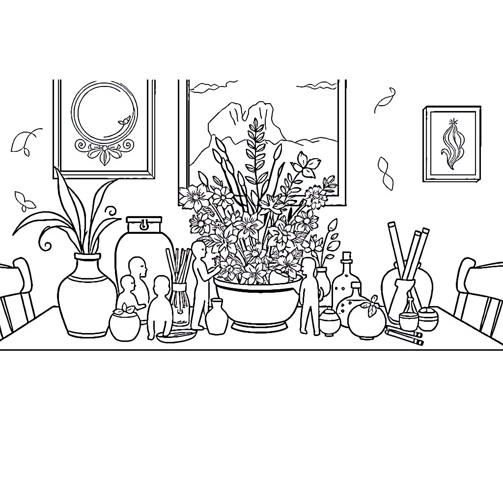 Still Life with Ornate Interiors and Floral Arrangements Coloring Page (free black-and-white line drawing printable PDF for all, from beginners to advanced learners, including children, teens, adults, and seniors)