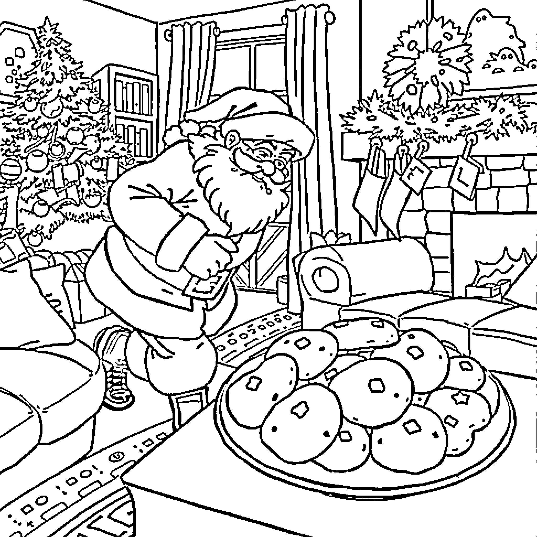 Santa Claus preparing festive treats in his cozy home Coloring Page (free black-and-white line drawing printable PDF for all, from beginners to advanced learners, including children, teens, adults, and seniors)