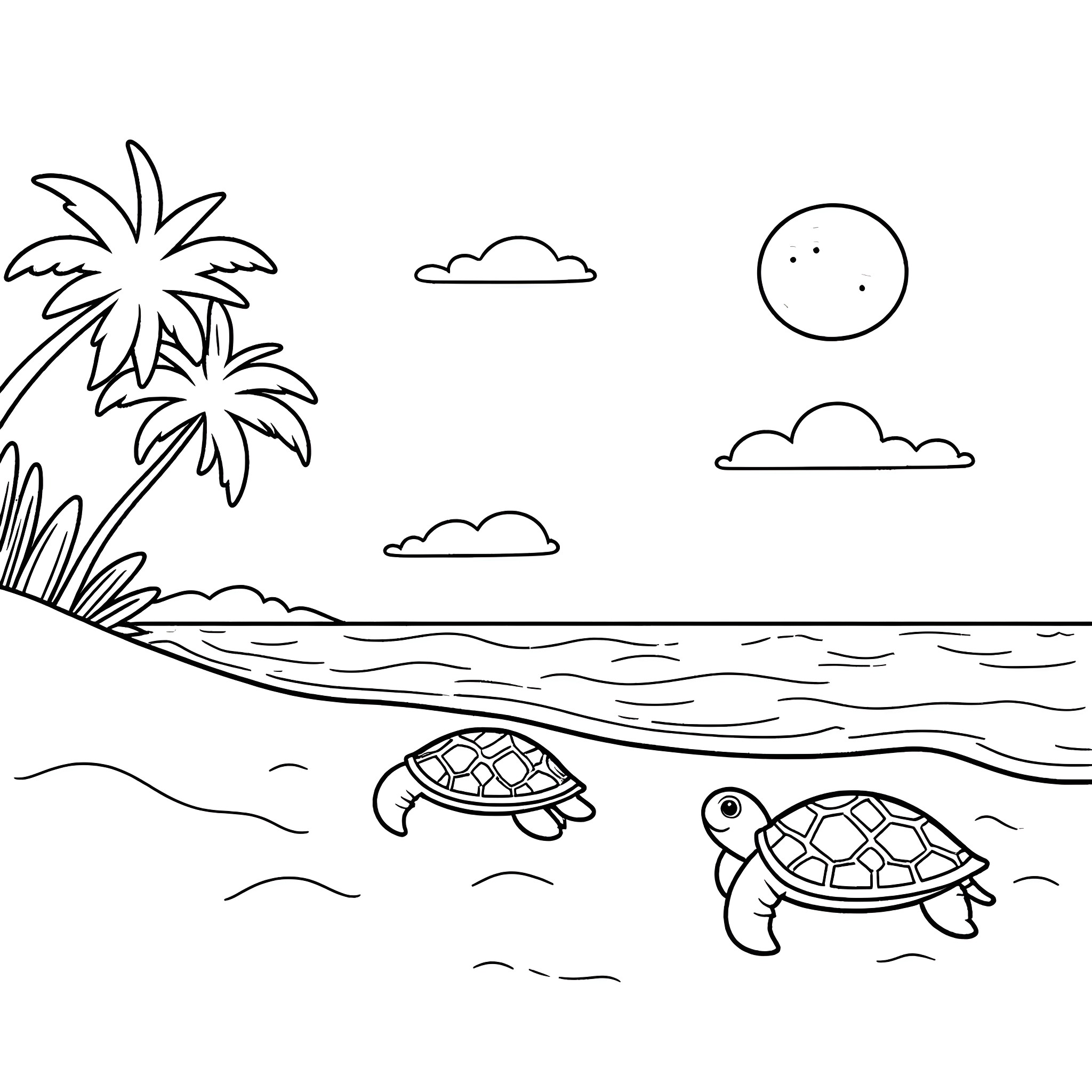 Turtles swimming in the tropical sea Coloring Page (free black-and-white line drawing printable PDF for all, from beginners to advanced learners, including children, teens, adults, and seniors)