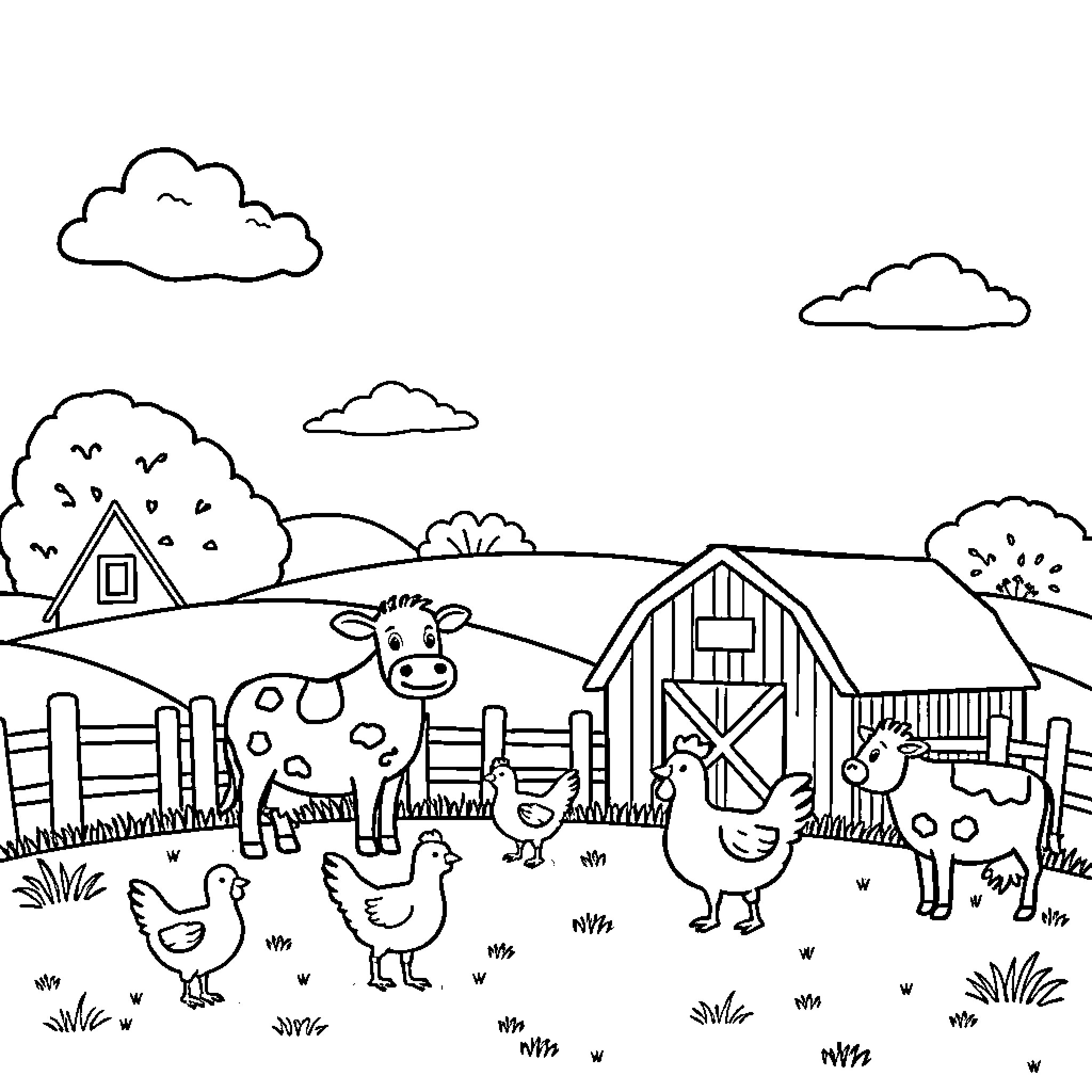 Farm with Playful Animals on the Countryside Coloring Page (free black-and-white line drawing printable PDF for all, from beginners to advanced learners, including children, teens, adults, and seniors)