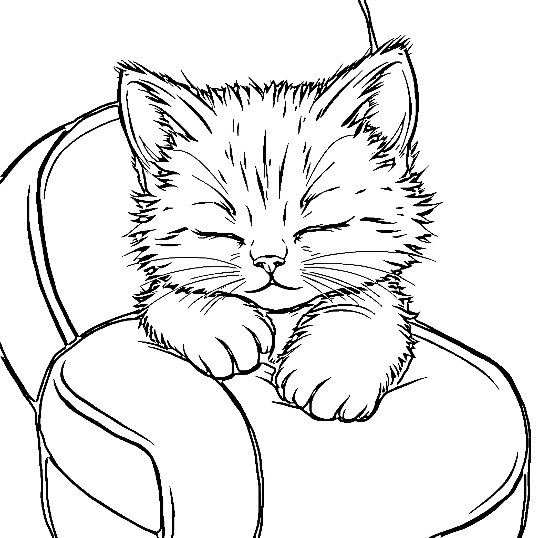 Kitten relaxing comfortably in chair Coloring Page (free black-and-white line drawing printable PDF for all, from beginners to advanced learners, including children, teens, adults, and seniors)