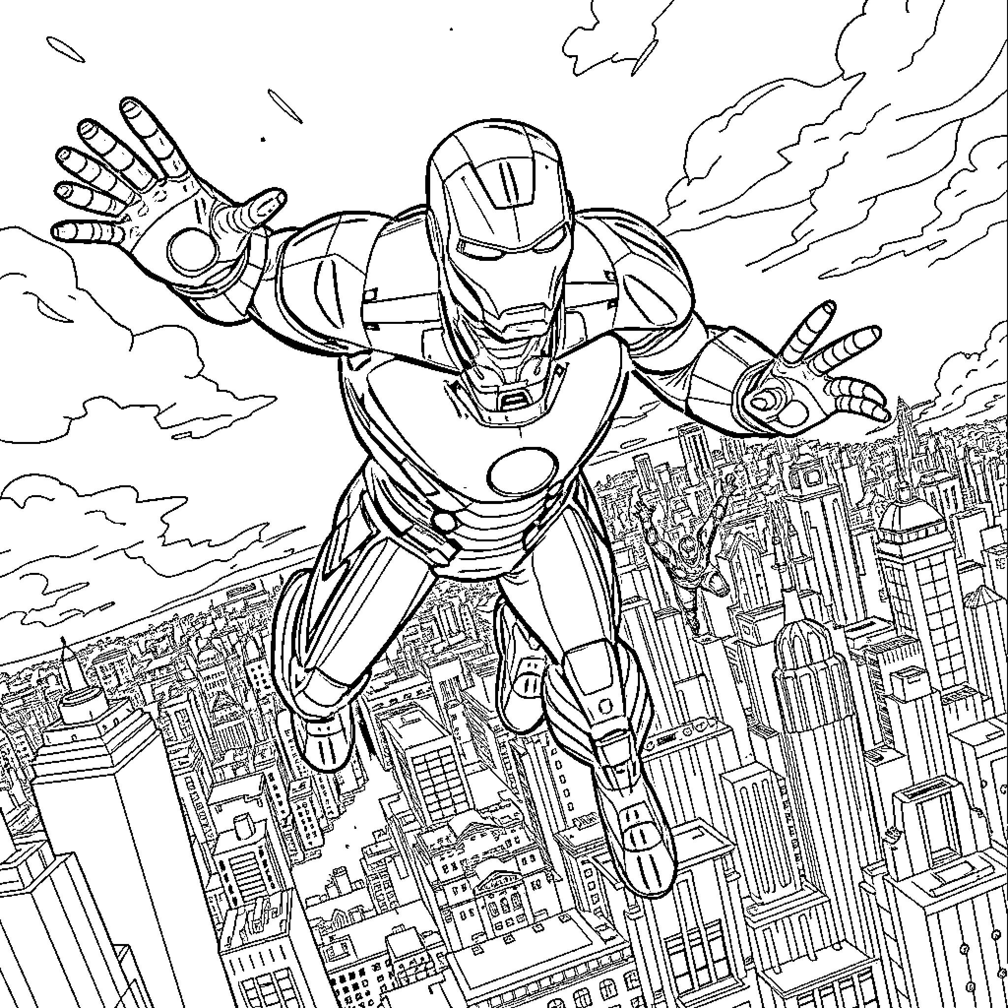 Ironman soaring over a cityscape in action Coloring Page (free black-and-white line drawing printable PDF for all, from beginners to advanced learners, including children, teens, adults, and seniors)