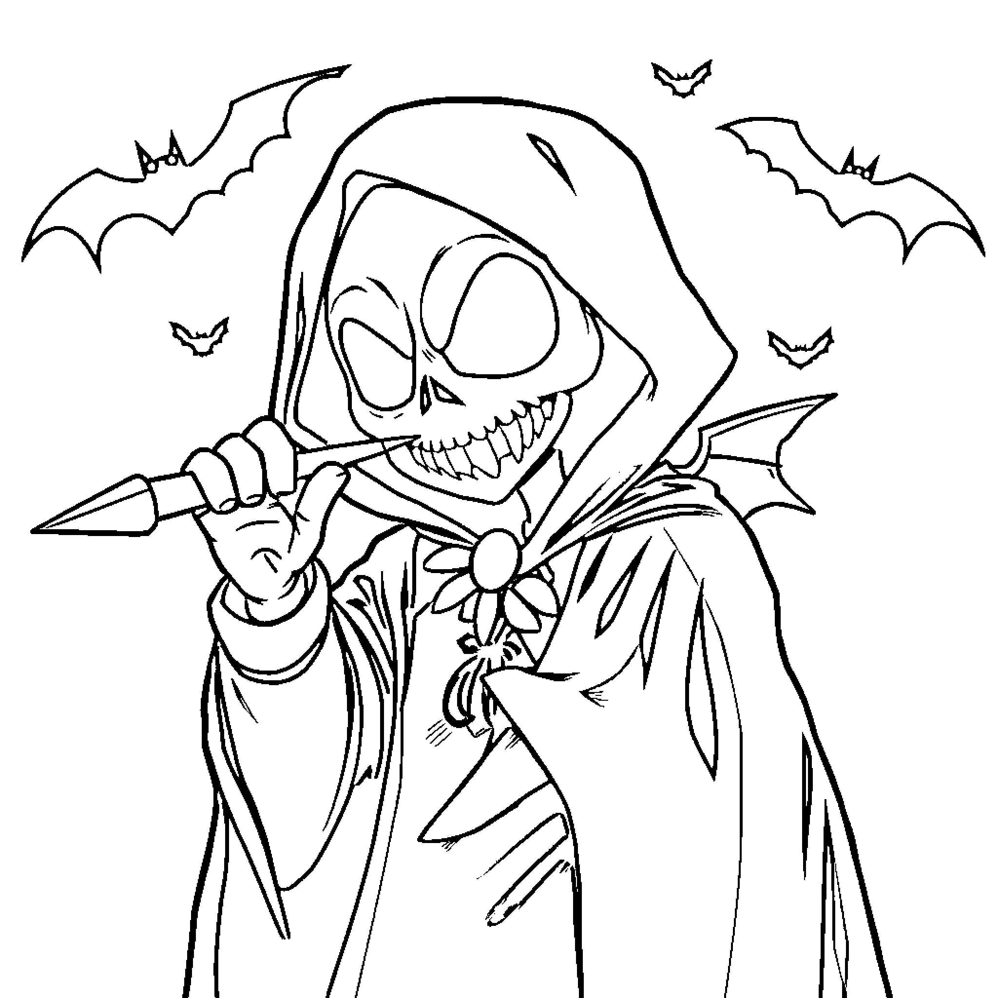 Puppet Reaper with Ominous Bats Coloring Page (free black-and-white line drawing printable PDF for all, from beginners to advanced learners, including children, teens, adults, and seniors)