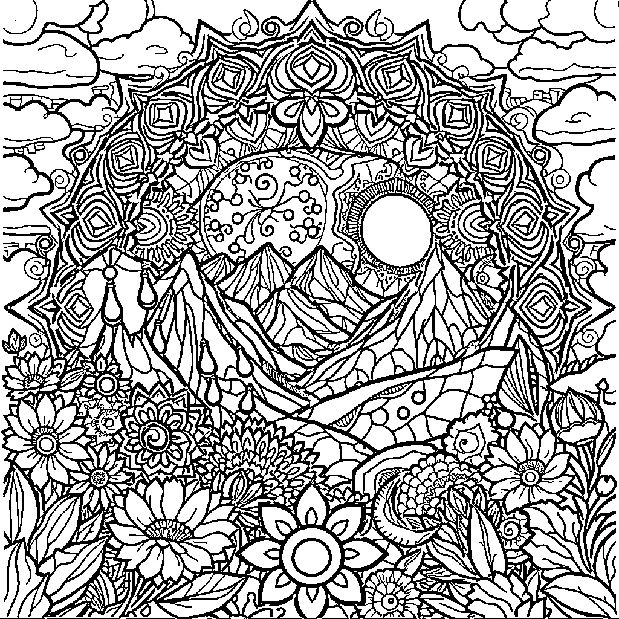 Mandala of Intricate Floral and Geometric Patterns Coloring Page (free black-and-white line drawing printable PDF for all, from beginners to advanced learners, including children, teens, adults, and seniors)