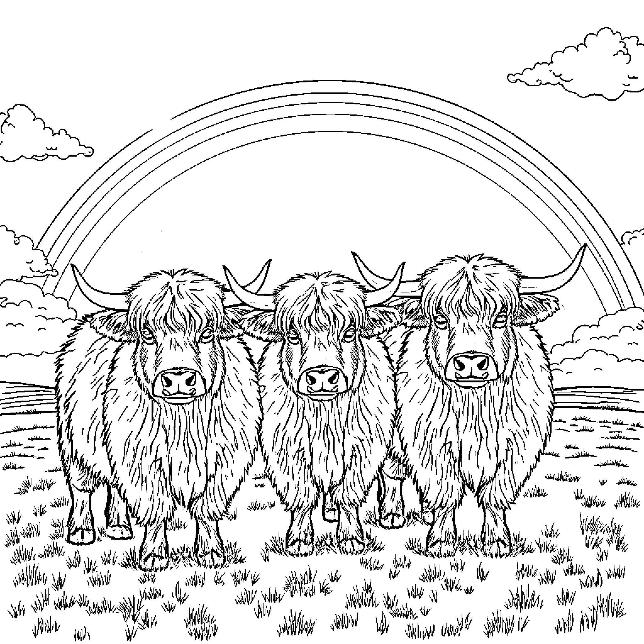 Highland Cows standing together under a rainbow Coloring Page (free black-and-white line drawing printable PDF for all, from beginners to advanced learners, including children, teens, adults, and seniors)