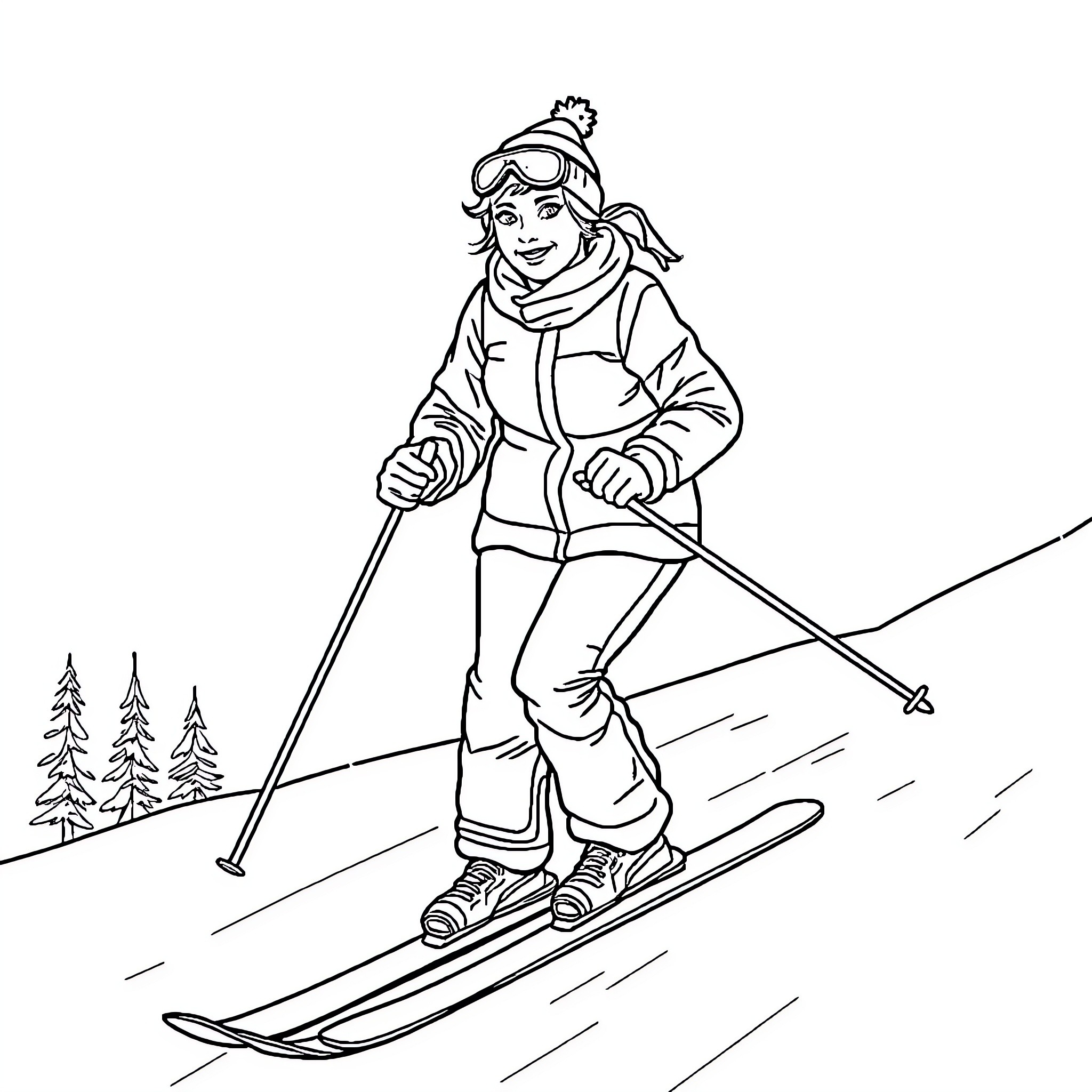 Elderly Woman Skiing Down Snowy Slope Coloring Page (free black-and-white line drawing printable PDF for all, from beginners to advanced learners, including children, teens, adults, and seniors)