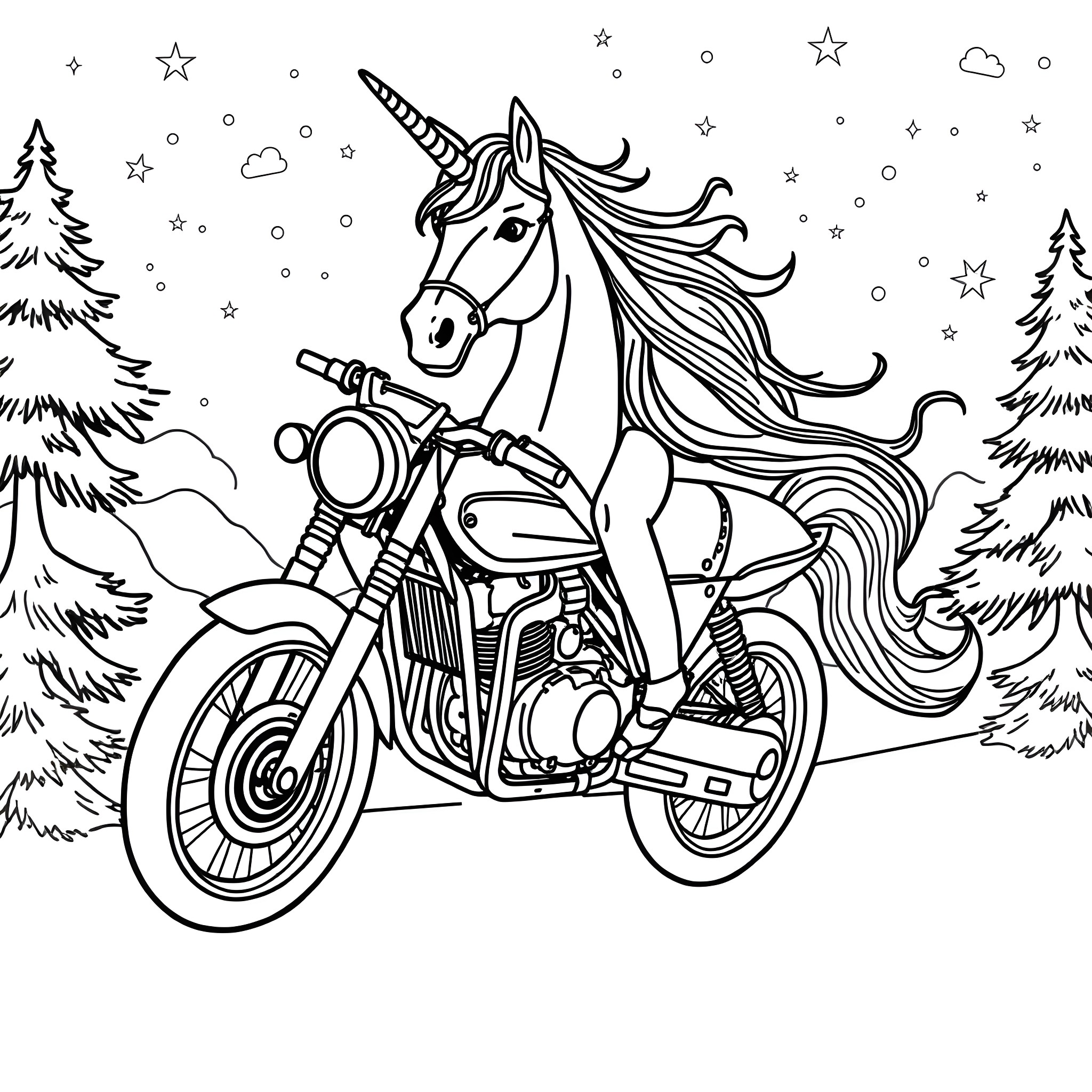 Unicorn riding a motorcycle in the snowy forest Coloring Page (free black-and-white line drawing printable PDF for all, from beginners to advanced learners, including children, teens, adults, and seniors)