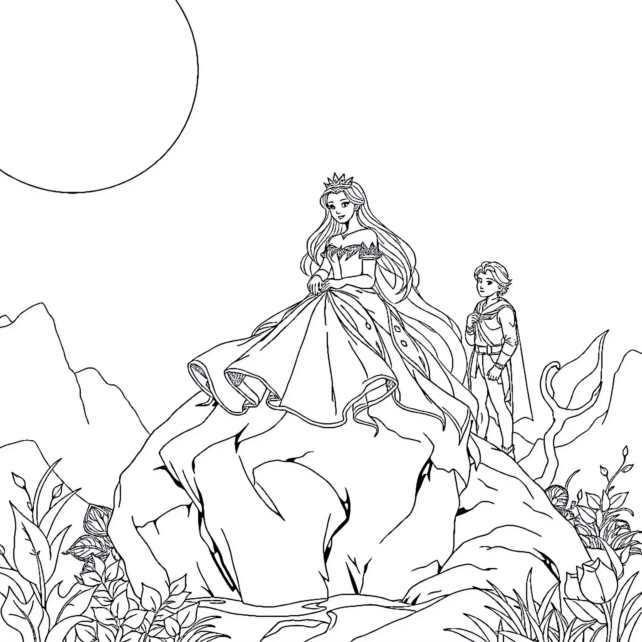 Princess in Elegant Gown with Companion in Enchanted Scenery Coloring Page (free black-and-white line drawing printable PDF for all, from beginners to advanced learners, including children, teens, adults, and seniors)