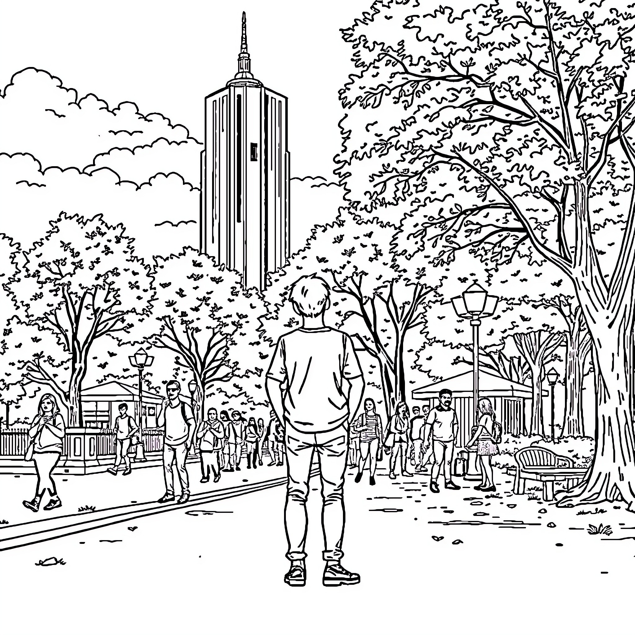Human exploring the city park in the city Coloring Page (free black-and-white line drawing printable PDF for all, from beginners to advanced learners, including children, teens, adults, and seniors)