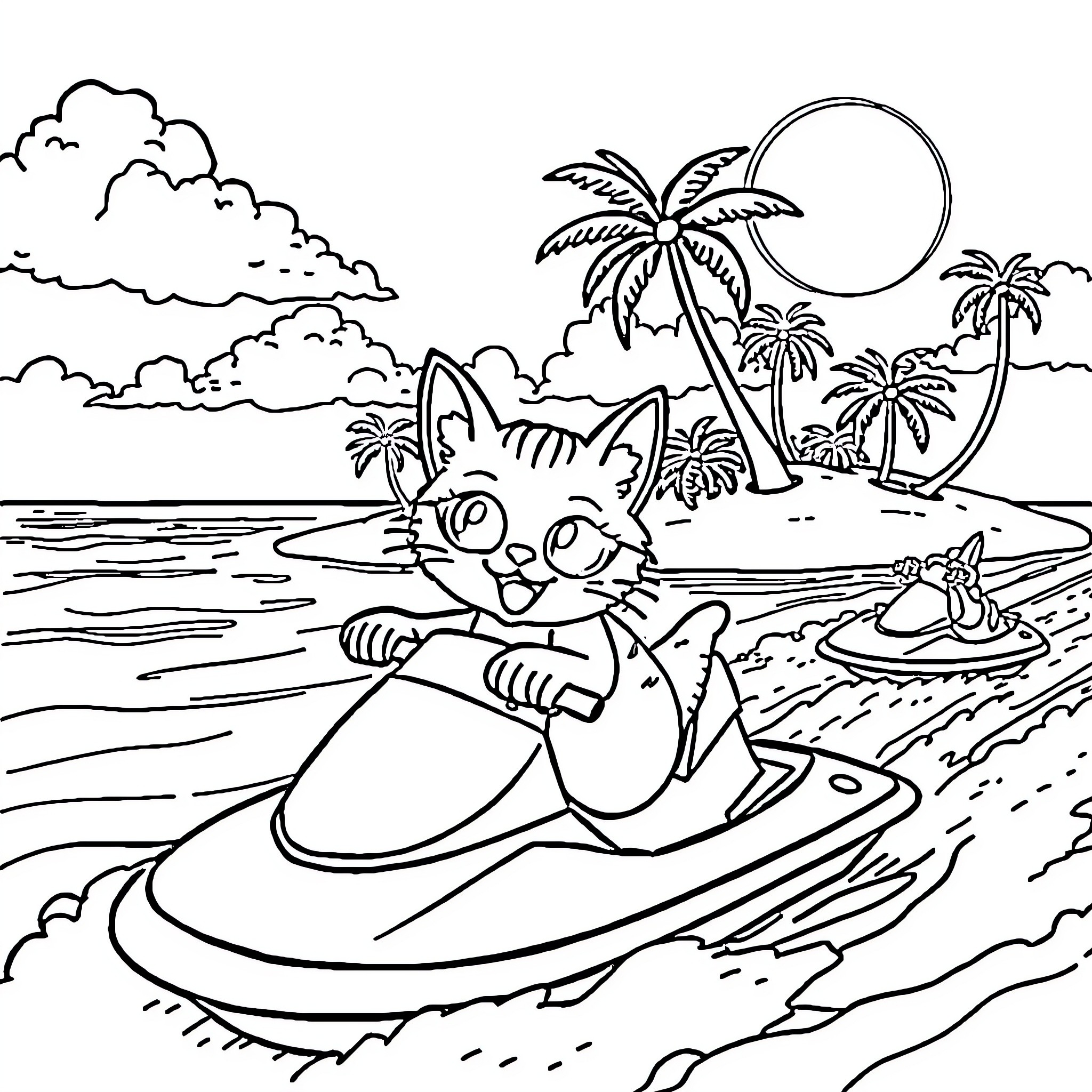 Cat surfing on the beach Coloring Page (free black-and-white line drawing printable PDF for all, from beginners to advanced learners, including children, teens, adults, and seniors)