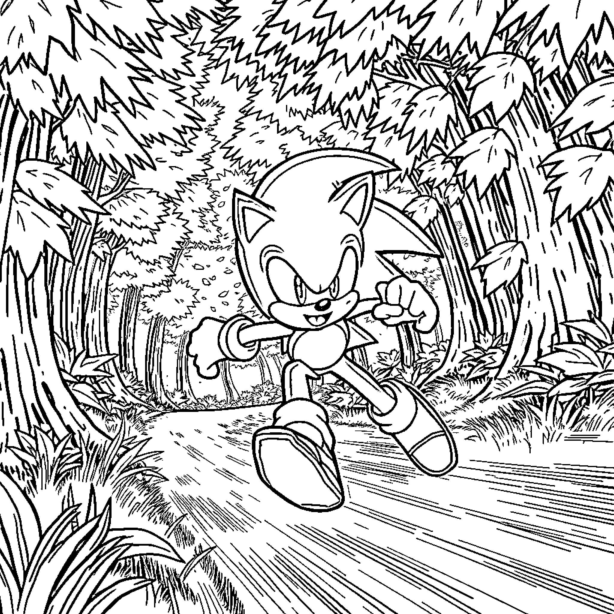 Sonic racing through the forest Coloring Page (free black-and-white line drawing printable PDF for all, from beginners to advanced learners, including children, teens, adults, and seniors)