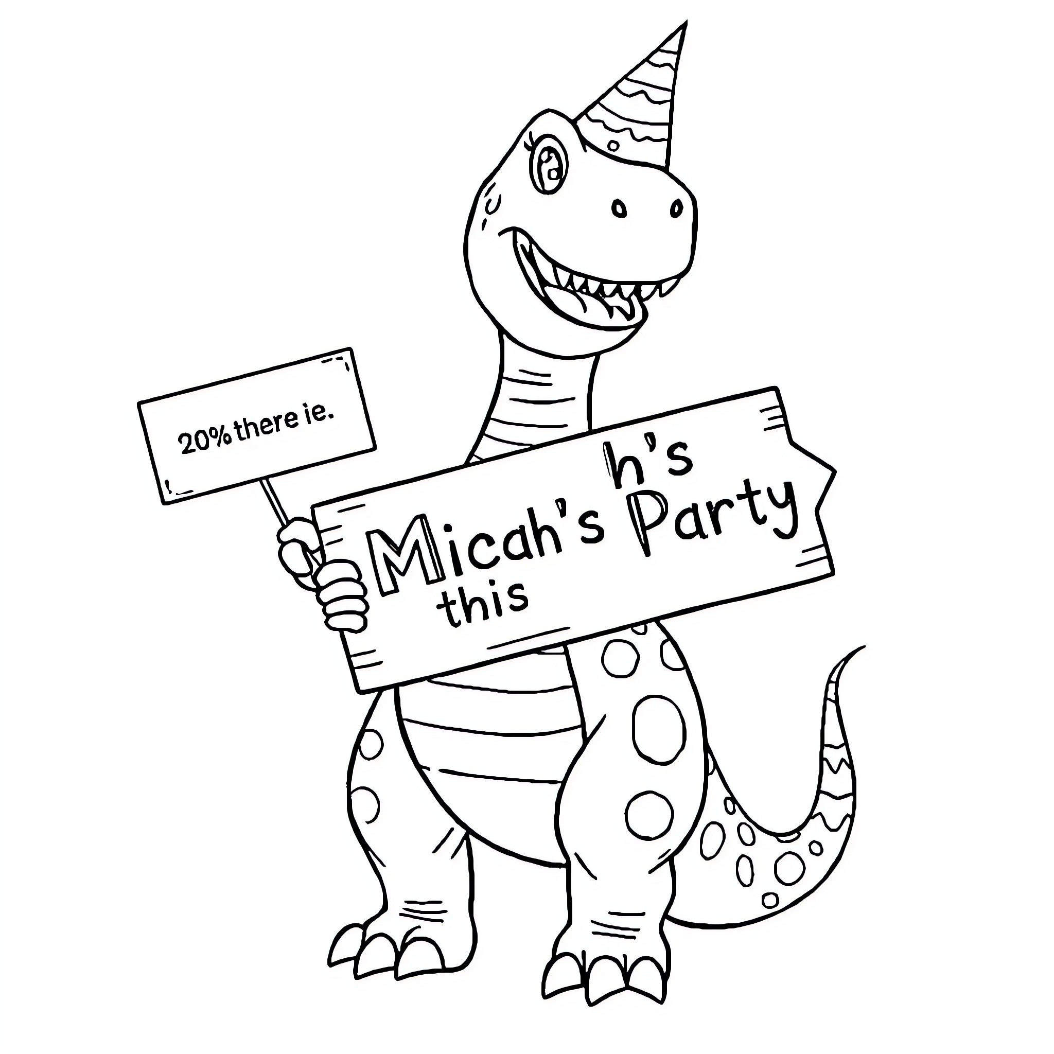 Dinosaur holding a party sign and smiling Coloring Page (free black-and-white line drawing printable PDF for all, from beginners to advanced learners, including children, teens, adults, and seniors)