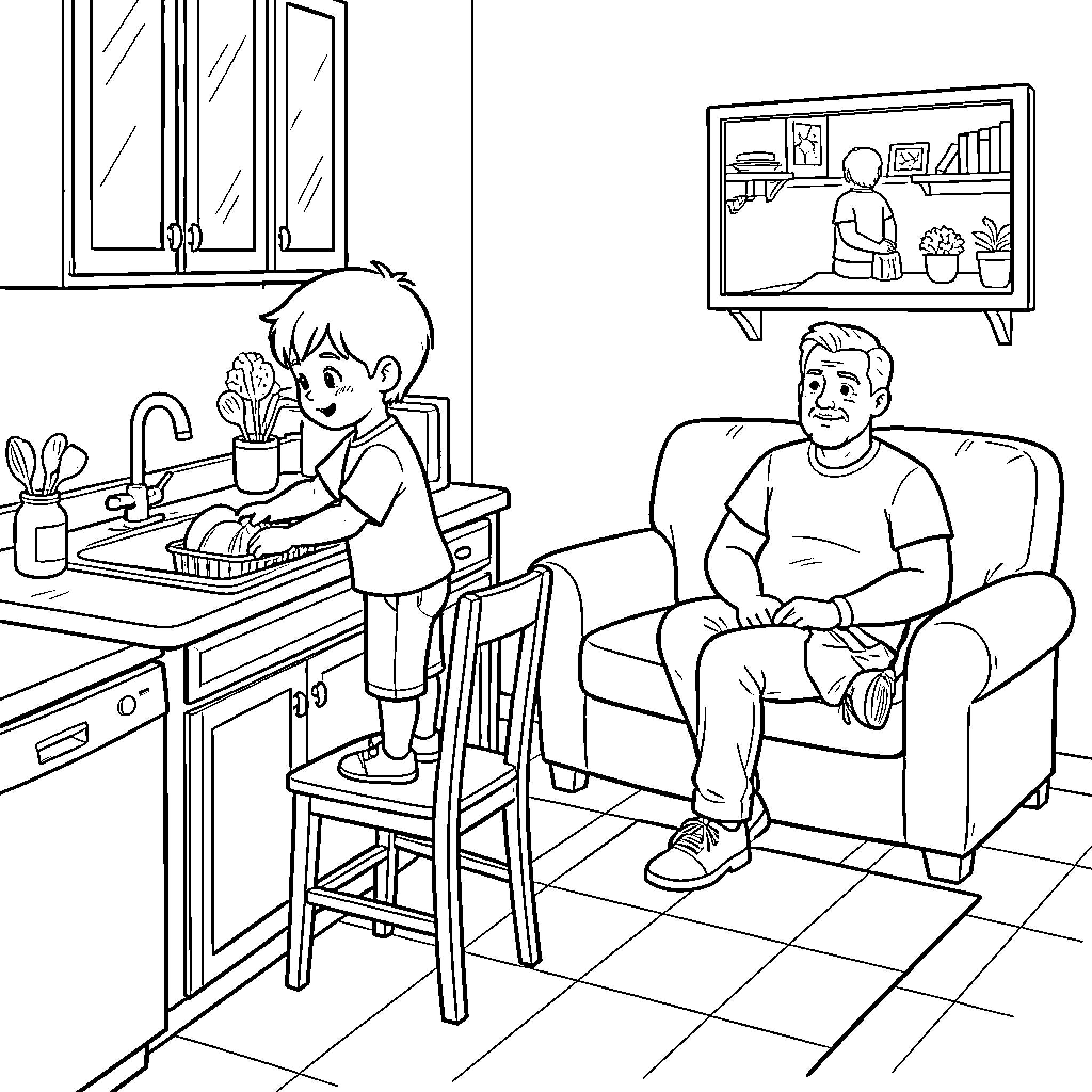 Kid helping with dishes while man watches television Coloring Page (free black-and-white line drawing printable PDF for all, from beginners to advanced learners, including children, teens, adults, and seniors)