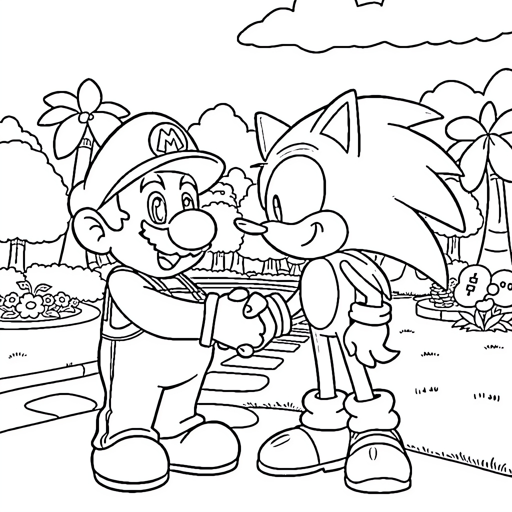 Super Mario and Sonic the Hedgehog: Adventure in the Park Coloring Page (free black-and-white line drawing printable PDF for all, from beginners to advanced learners, including children, teens, adults, and seniors)