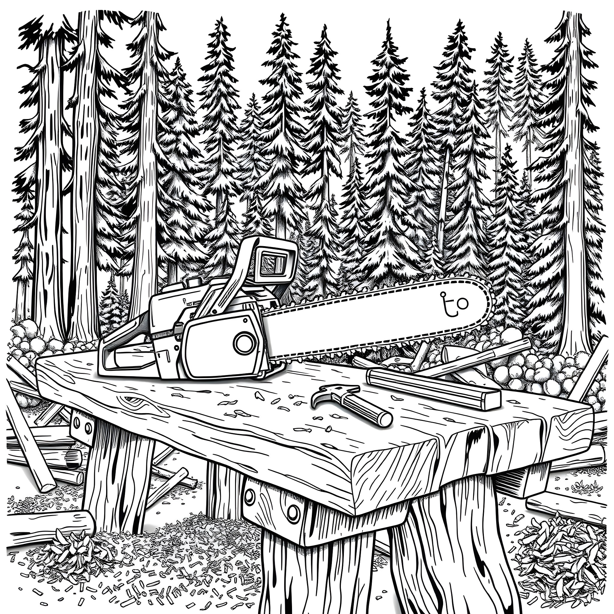 Chain Saw Cutting Down Trees in the Forest Coloring Page (free black-and-white line drawing printable PDF for all, from beginners to advanced learners, including children, teens, adults, and seniors)