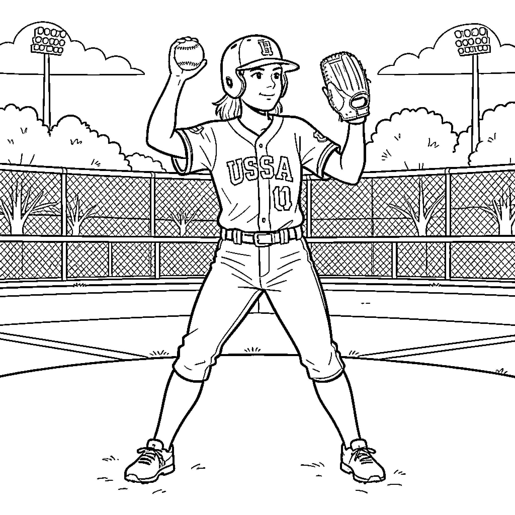 USA Softball Player holding a ball and glove Coloring Page (free black-and-white line drawing printable PDF for all, from beginners to advanced learners, including children, teens, adults, and seniors)