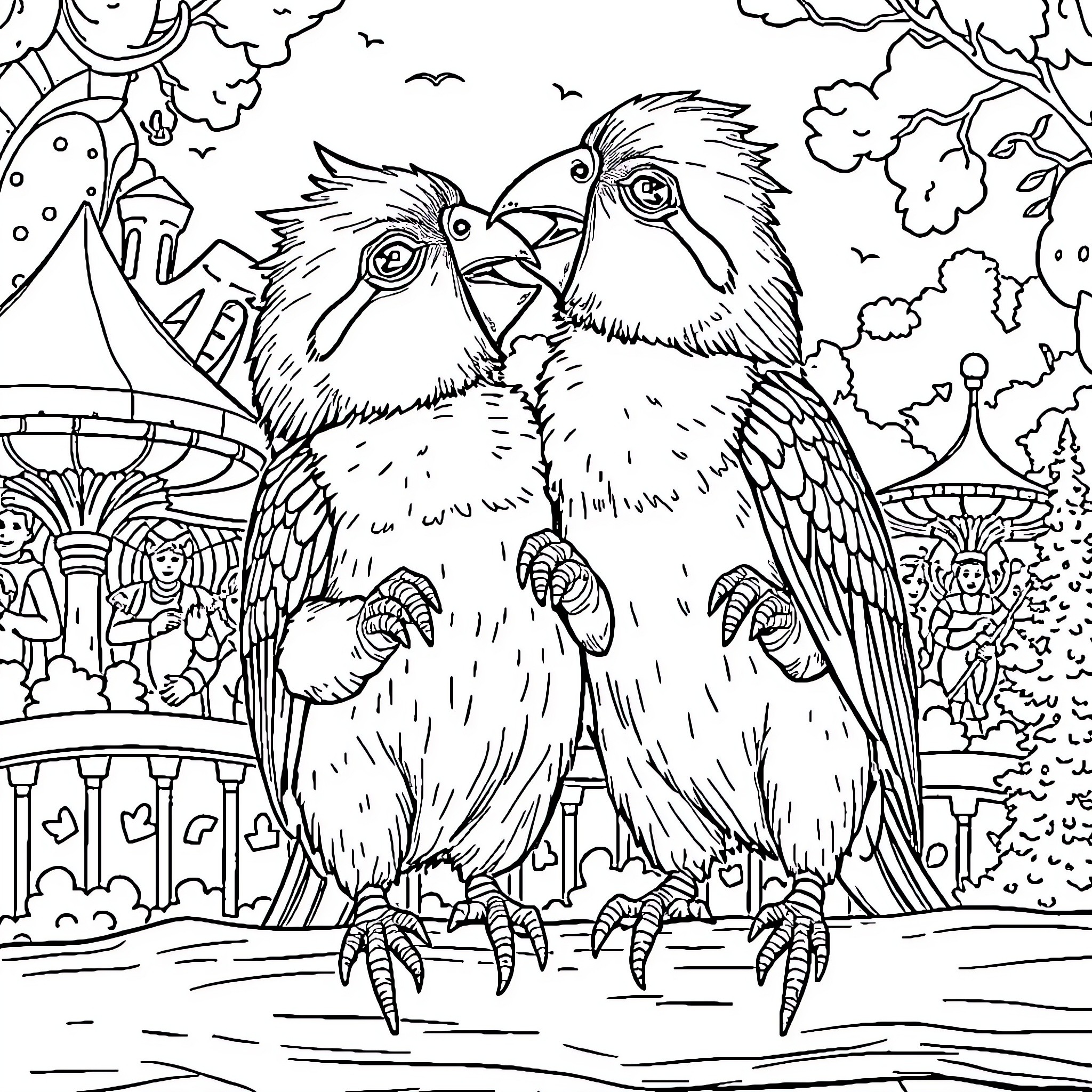 Squirrel-like birds perched on a whimsical structure Coloring Page (free black-and-white line drawing printable PDF for all, from beginners to advanced learners, including children, teens, adults, and seniors)