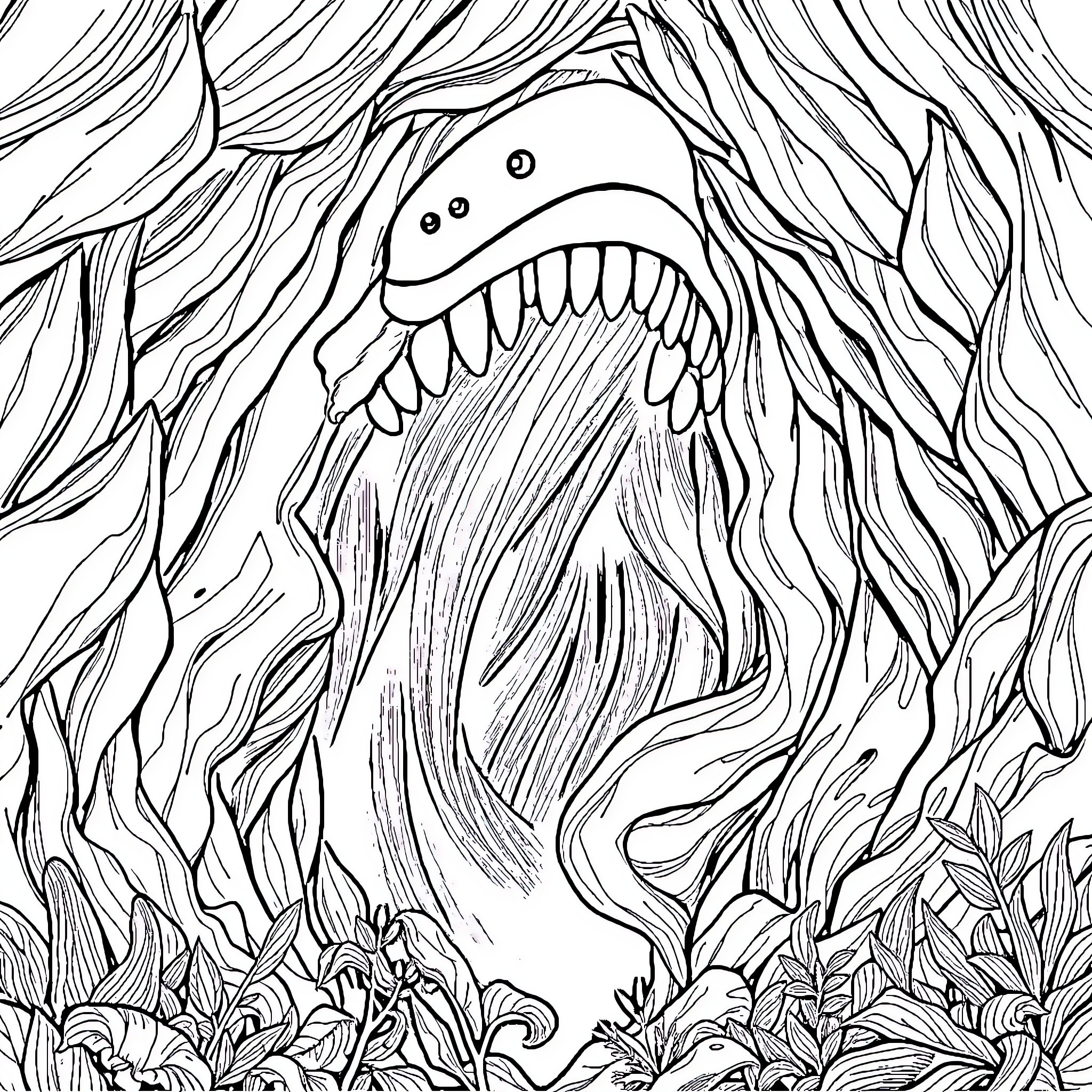 Jonah encounters a mysterious sea creature in the depths Coloring Page (free black-and-white line drawing printable PDF for all, from beginners to advanced learners, including children, teens, adults, and seniors)
