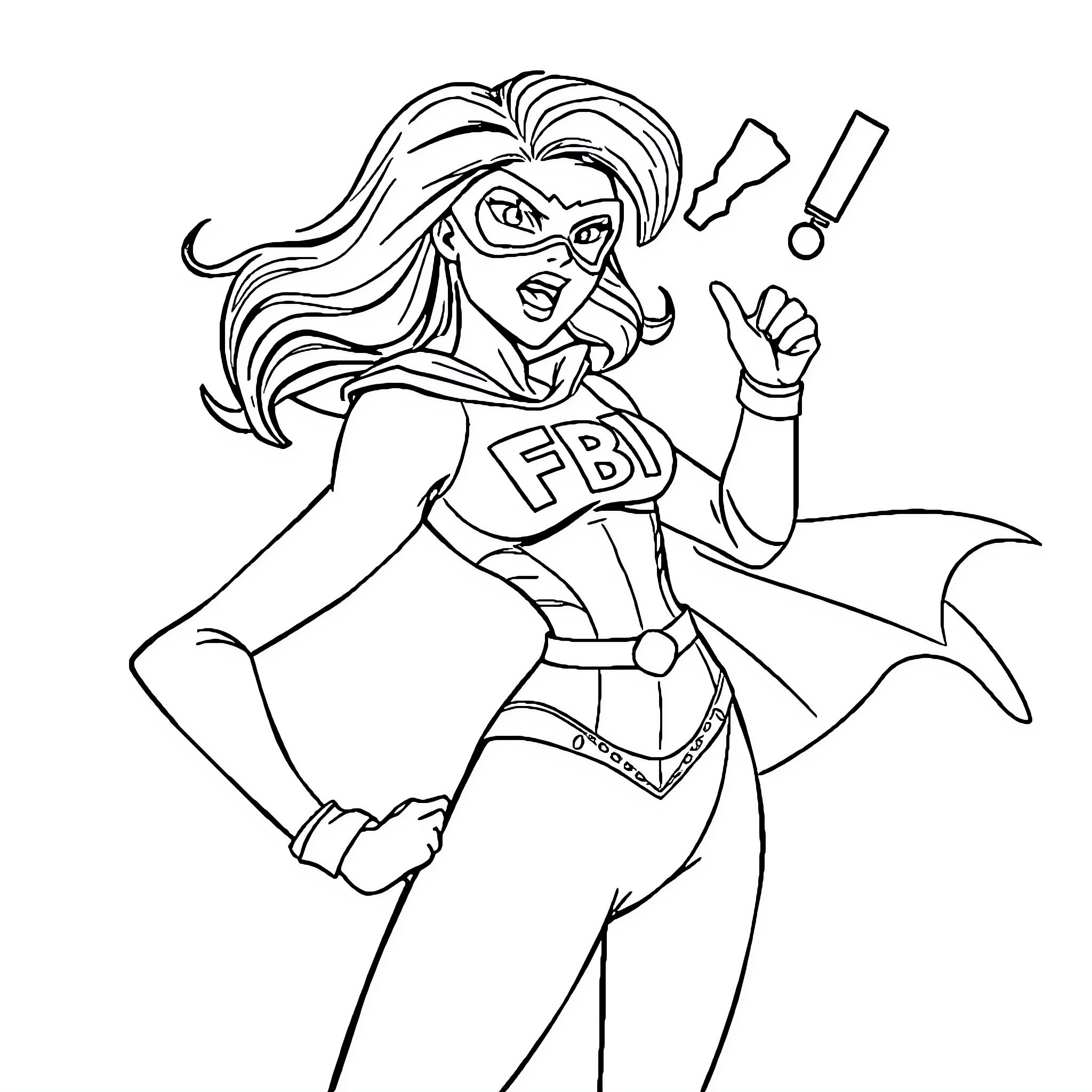 Superhero FBI agent in action pose Coloring Page (free black-and-white line drawing printable PDF for all, from beginners to advanced learners, including children, teens, adults, and seniors)
