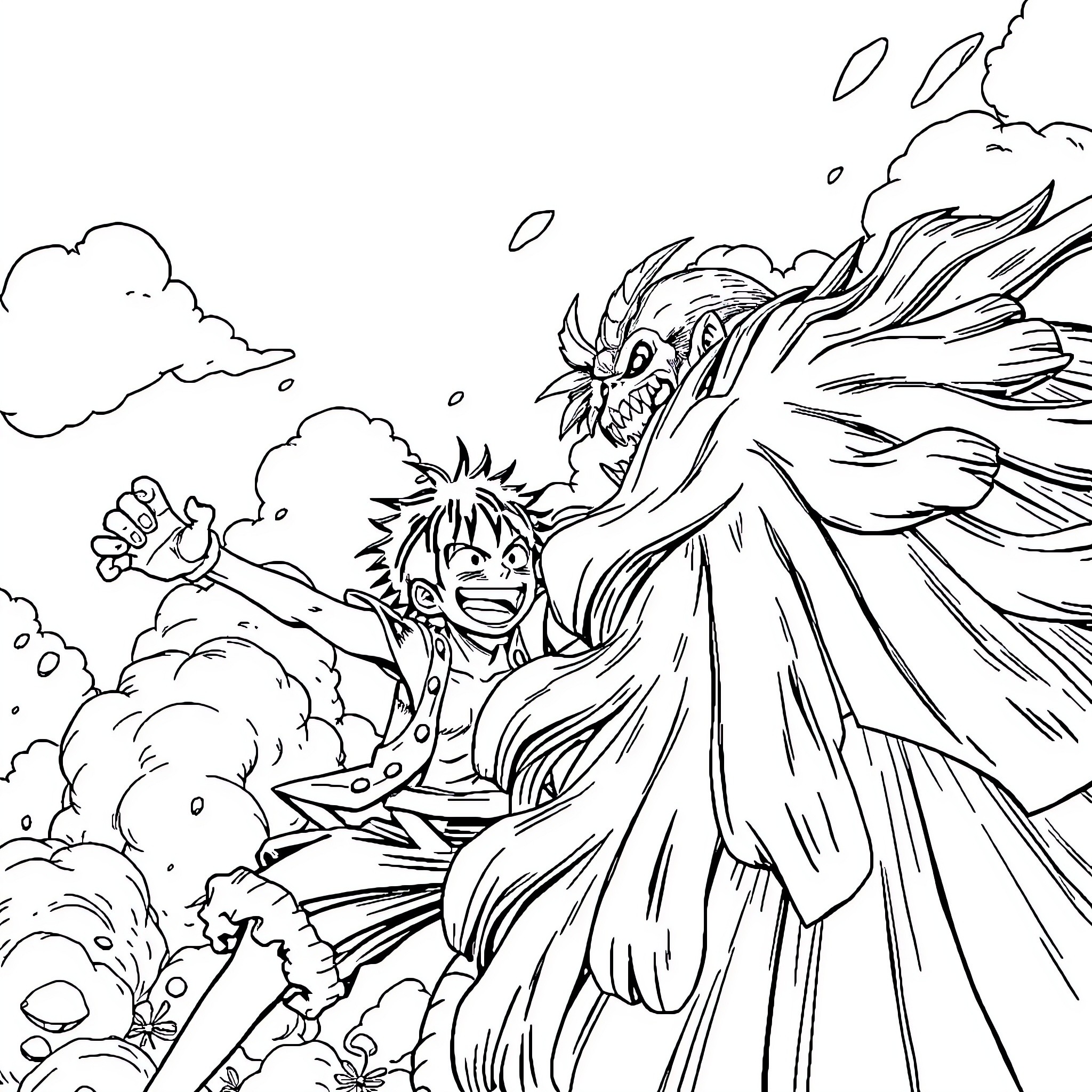 Luffy's Fiery Clash with a Fearsome Foe Coloring Page (free black-and-white line drawing printable PDF for all, from beginners to advanced learners, including children, teens, adults, and seniors)
