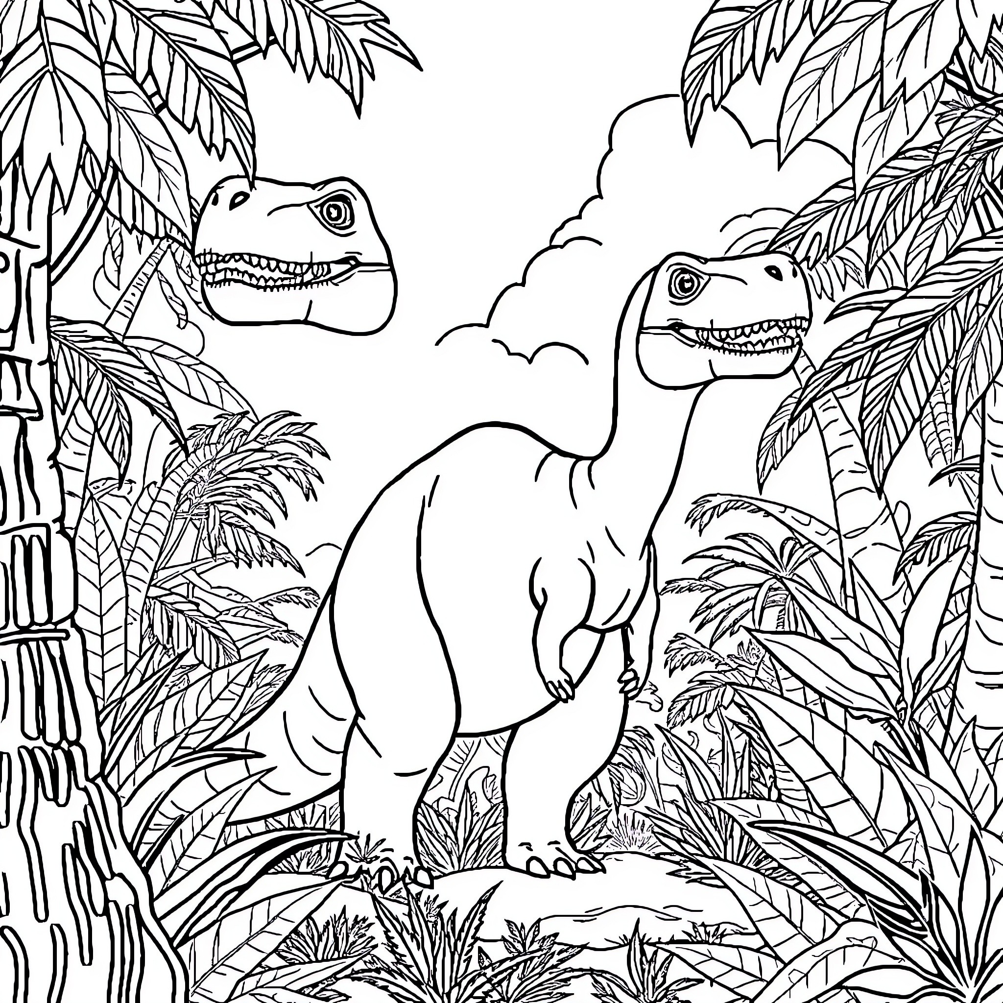 Dinosaurs in Prehistoric Jungle Landscape Coloring Page (free black-and-white line drawing printable PDF for all, from beginners to advanced learners, including children, teens, adults, and seniors)